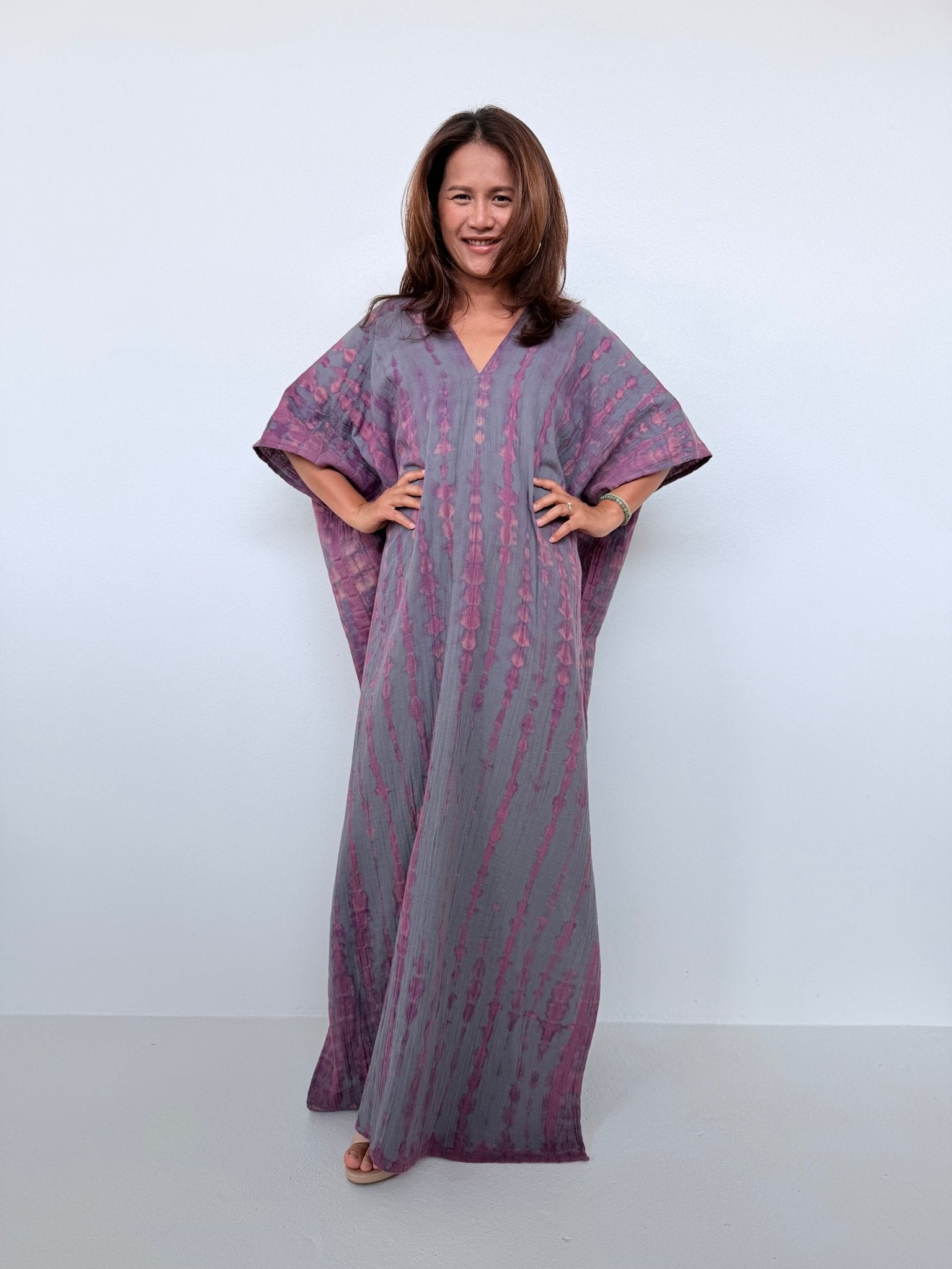 Penelope Double Gauze Cotton Kaftan in Fossil with Violet Tie Dye - Mala Handworks