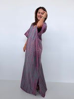 Penelope Double Gauze Cotton Kaftan in Fossil with Violet Tie Dye - Mala Handworks