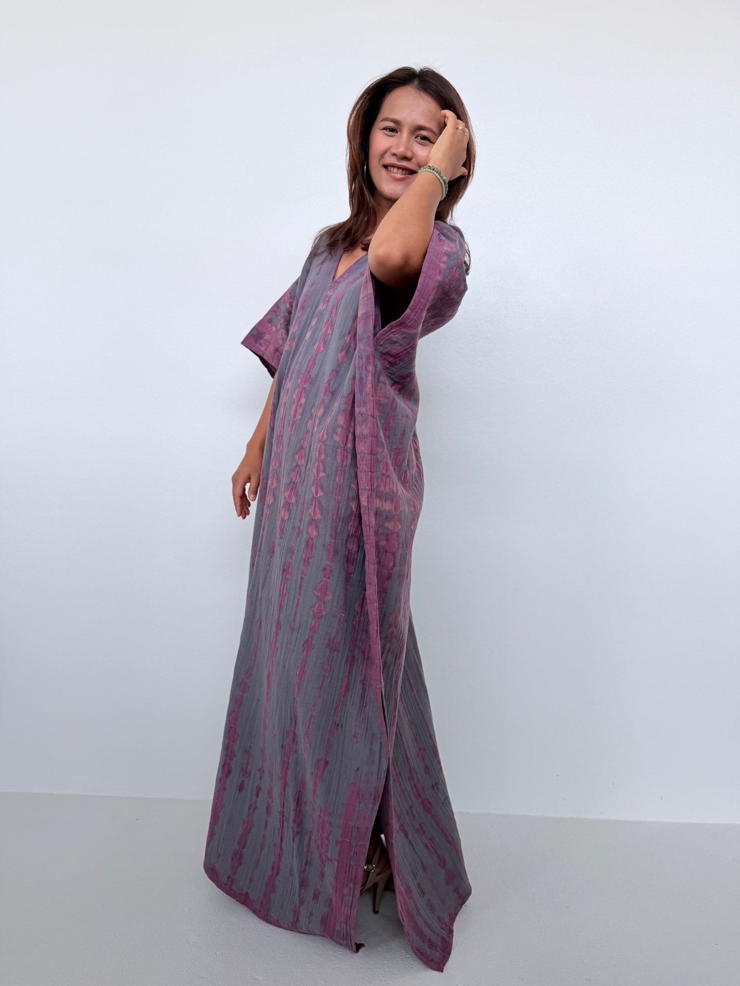 Penelope Double Gauze Cotton Kaftan in Fossil with Violet Tie Dye - Mala Handworks