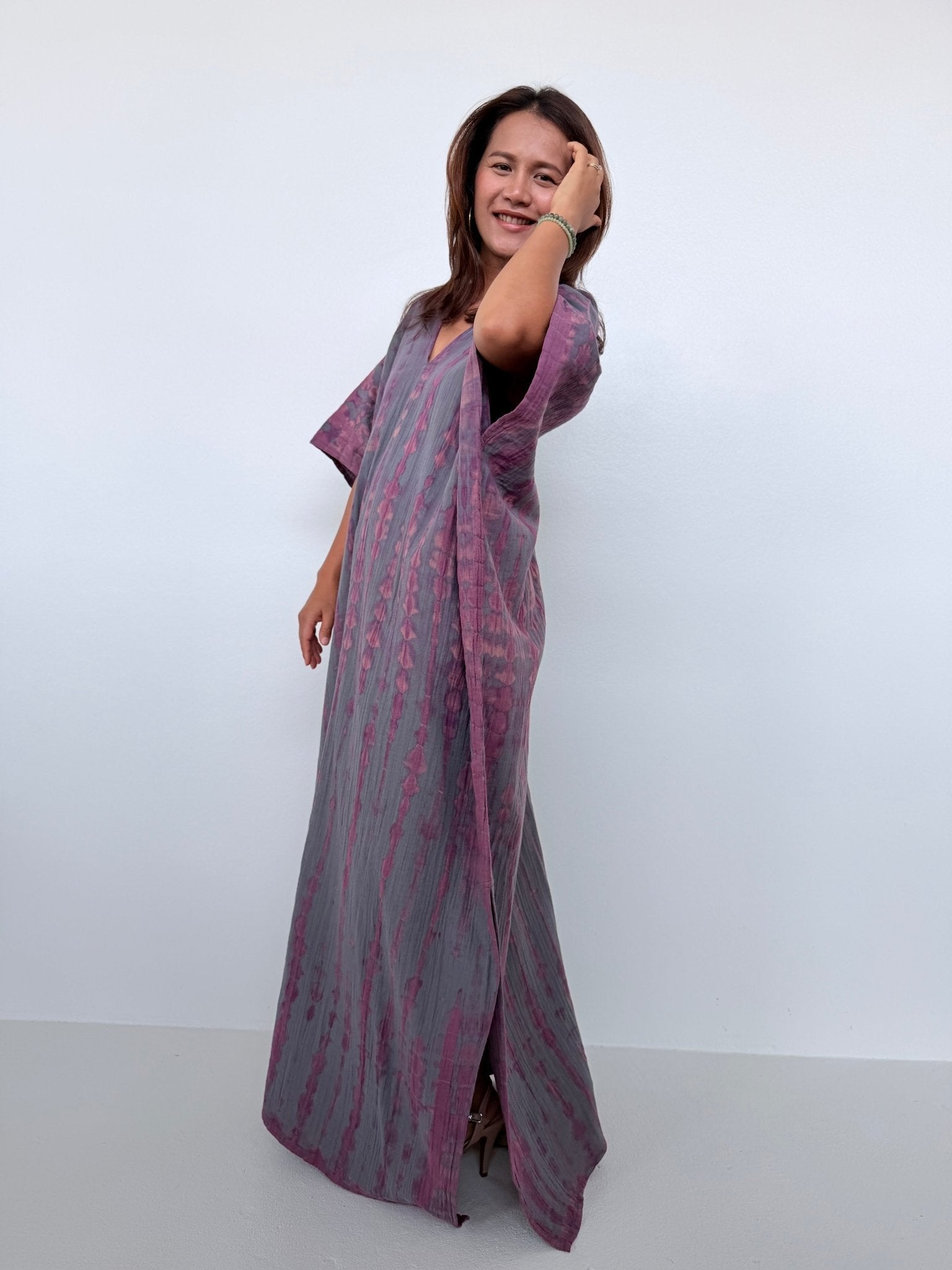 Penelope Double Gauze Cotton Kaftan in Fossil with Violet Tie Dye - Mala Handworks