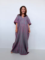 Penelope Double Gauze Cotton Kaftan in Fossil with Violet Tie Dye - Mala Handworks