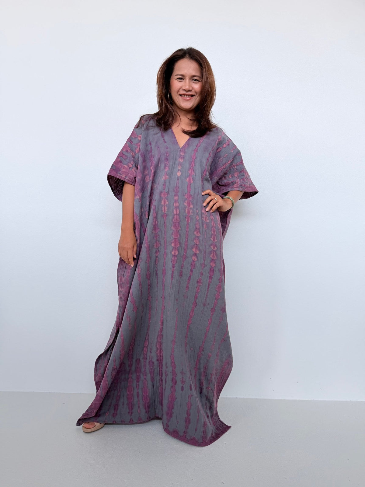 Penelope Double Gauze Cotton Kaftan in Fossil with Violet Tie Dye - Mala Handworks
