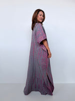 Penelope Double Gauze Cotton Kaftan in Fossil with Violet Tie Dye - Mala Handworks
