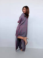 Penelope Double Gauze Cotton Kaftan in Fossil with Violet Tie Dye - Mala Handworks
