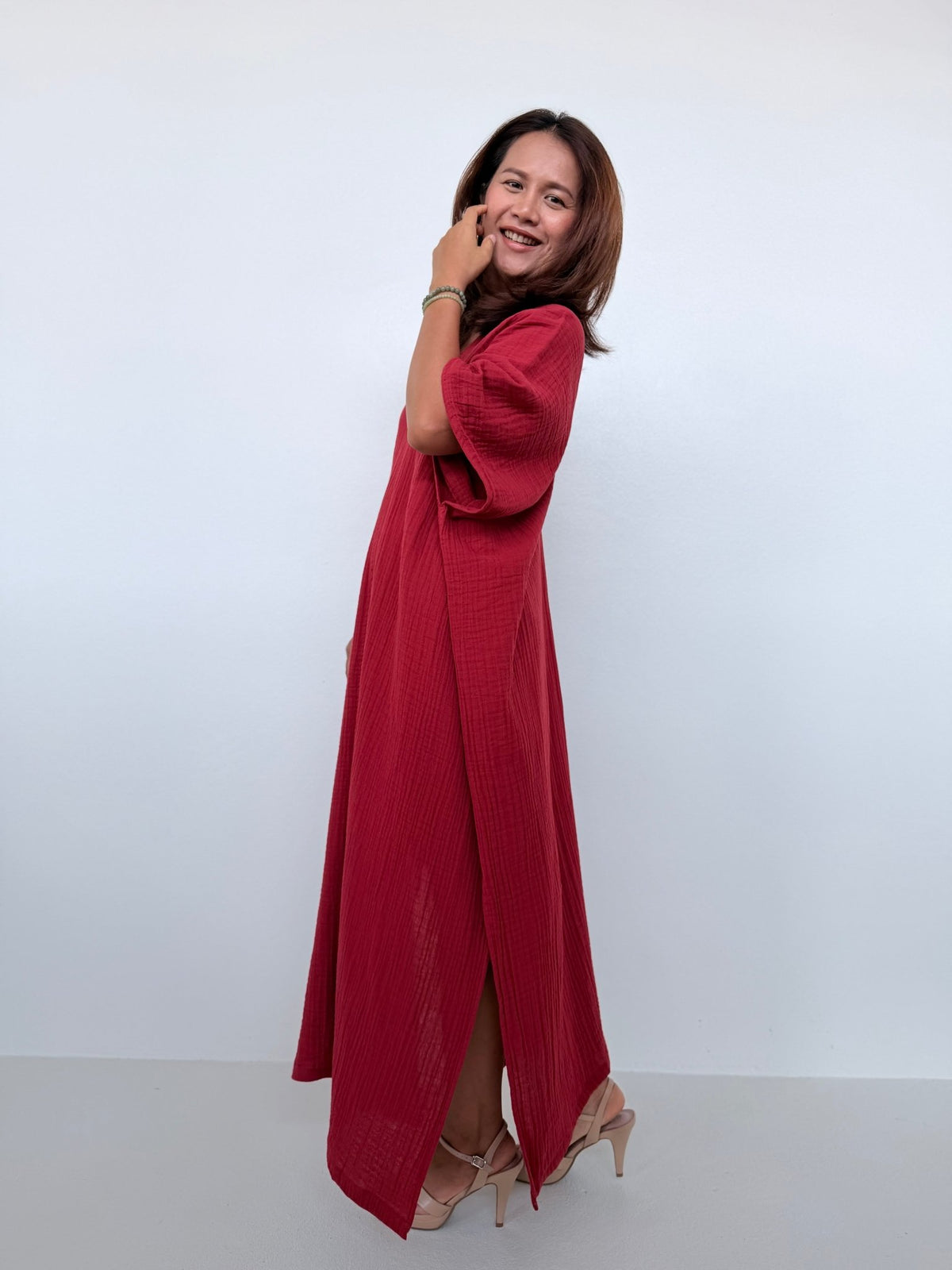Penelope Double Gauze Cotton Kaftan in Ruby - Mala Handworks