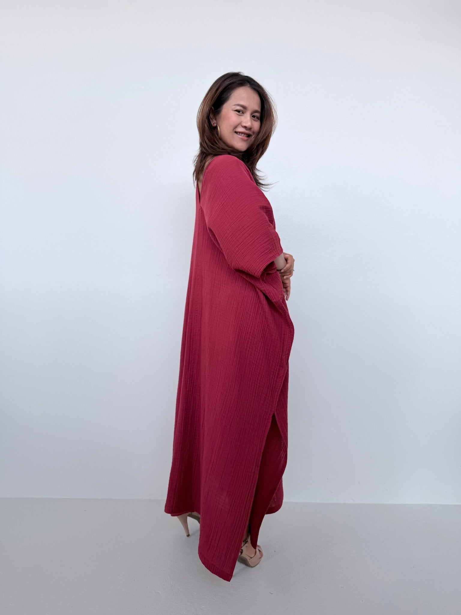 Penelope Double Gauze Cotton Kaftan in Ruby - Mala Handworks