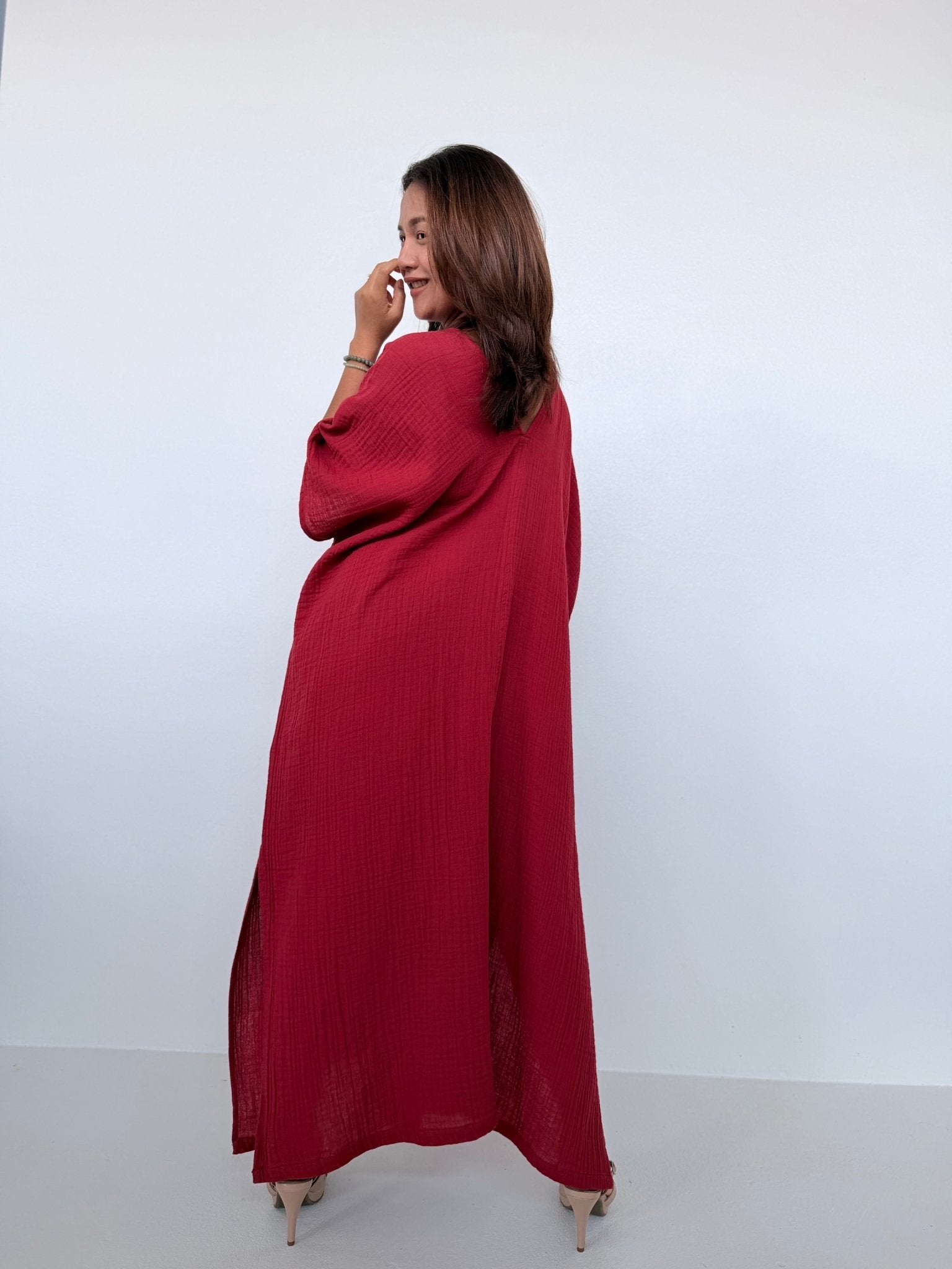 Penelope Double Gauze Cotton Kaftan in Ruby - Mala Handworks
