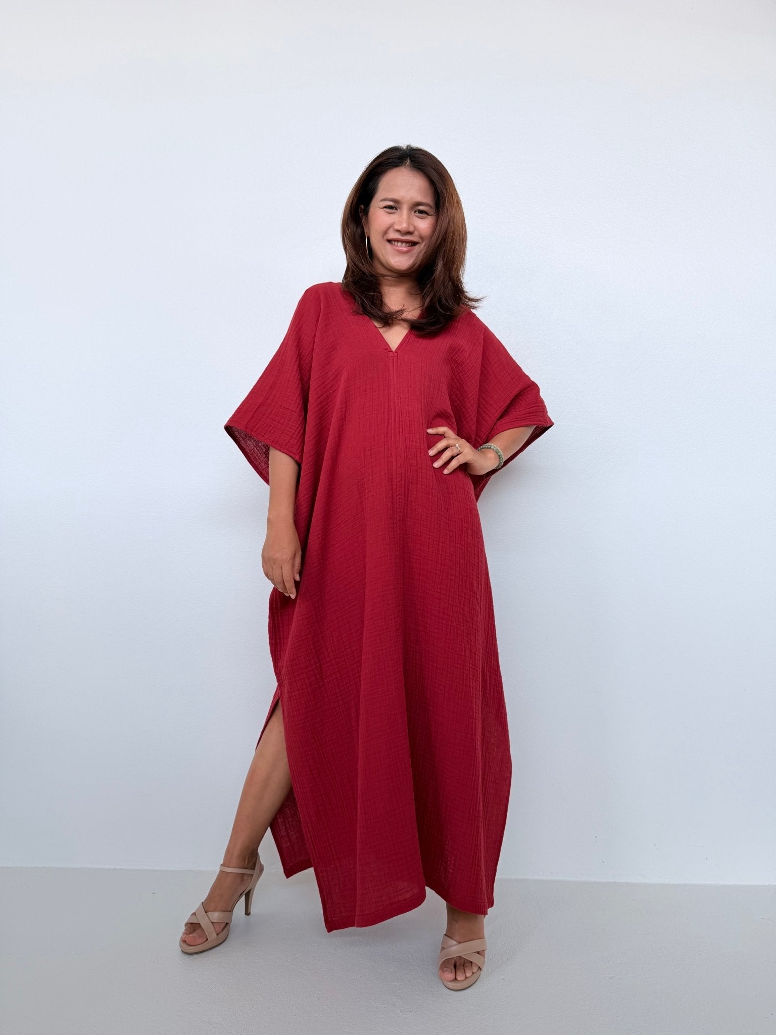Penelope Double Gauze Cotton Kaftan in Ruby - Mala Handworks