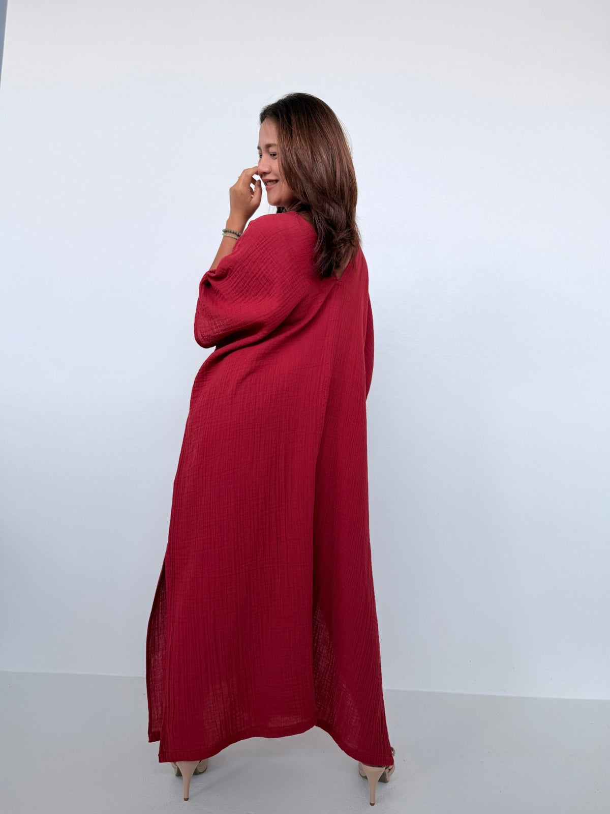 Penelope Double Gauze Cotton Kaftan in Ruby - Mala Handworks
