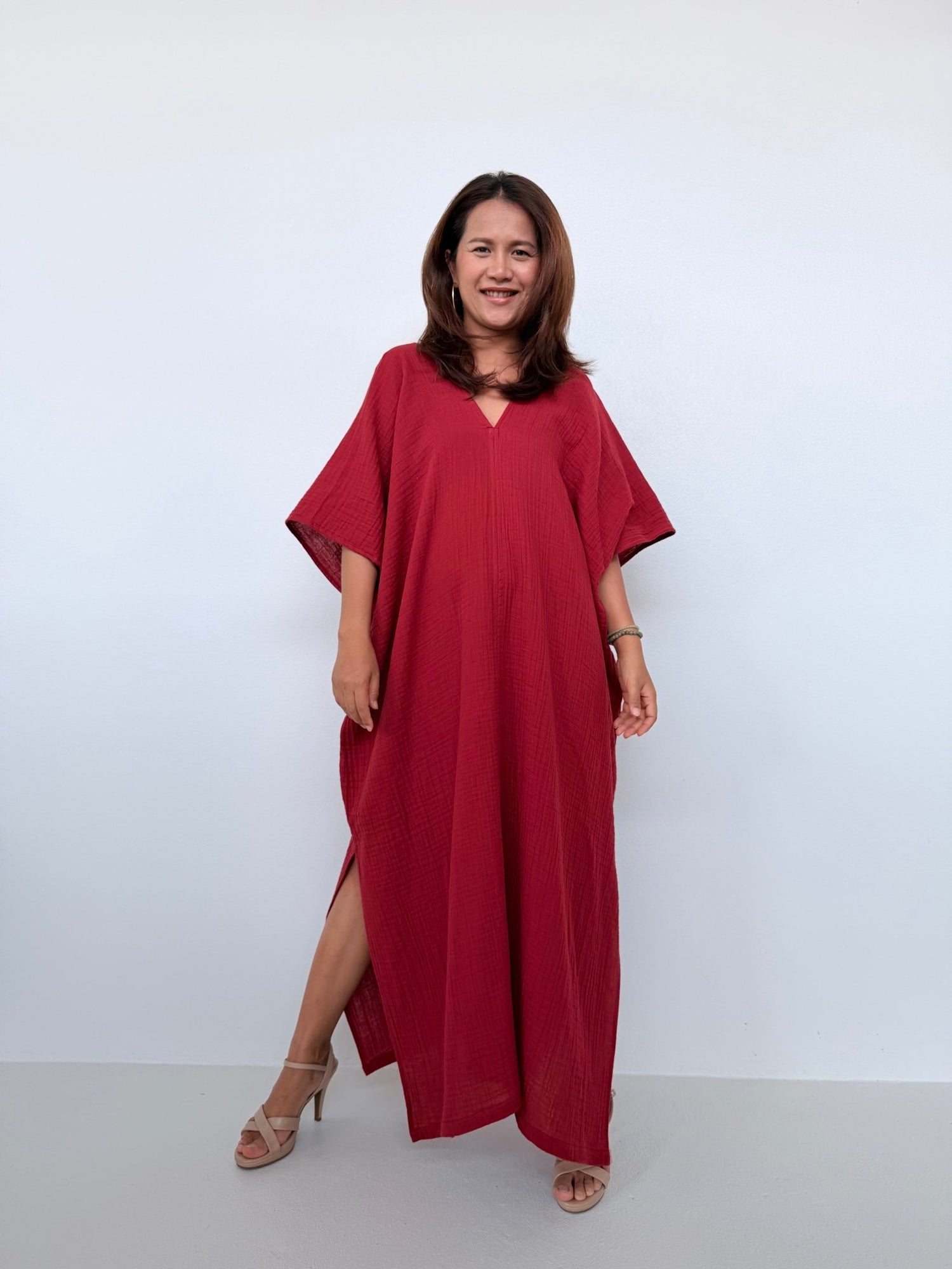 Penelope Double Gauze Cotton Kaftan in Ruby - Mala Handworks