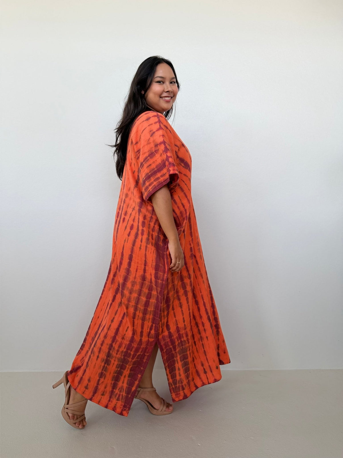 Penelope Double Gauze Cotton Kaftan in Tangerine Tie Dye-DP-36-52-Mala Handworks
