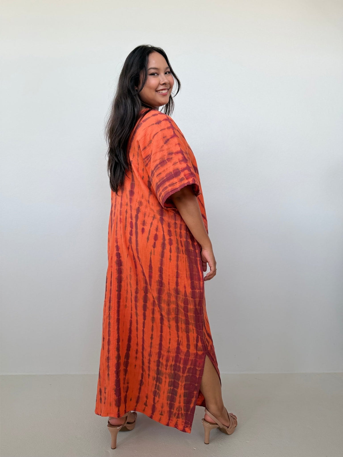 Penelope Double Gauze Cotton Kaftan in Tangerine Tie Dye-DP-36-52-Mala Handworks