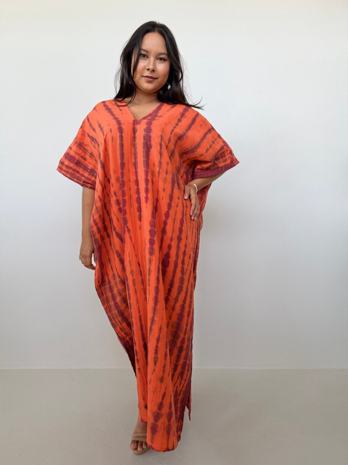 Penelope Double Gauze Cotton Kaftan in Tangerine Tie Dye-DP-36-52-Mala Handworks