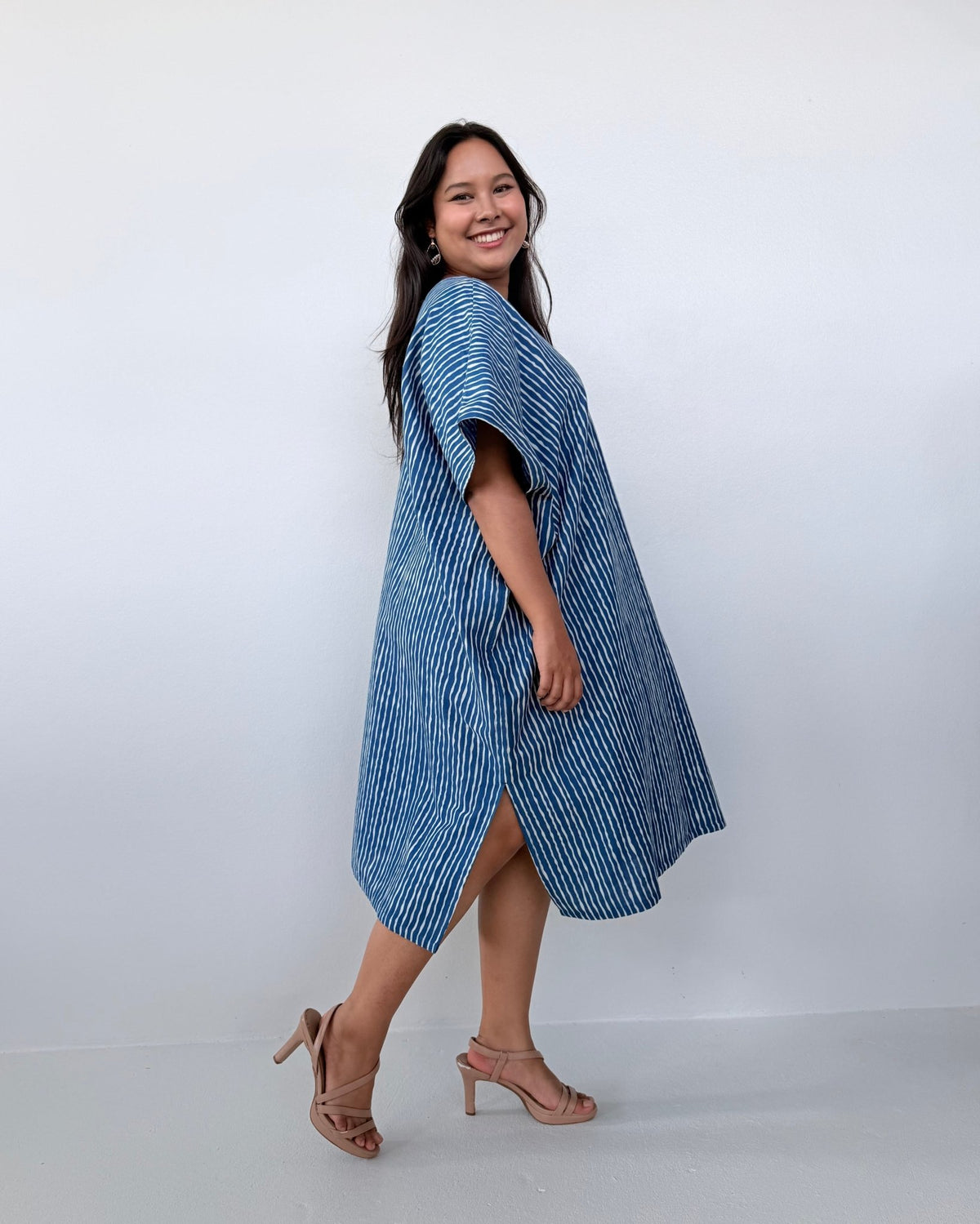 Skye Cotton Kaftan in Blue & White Stripe-DS-30-Mala Handworks