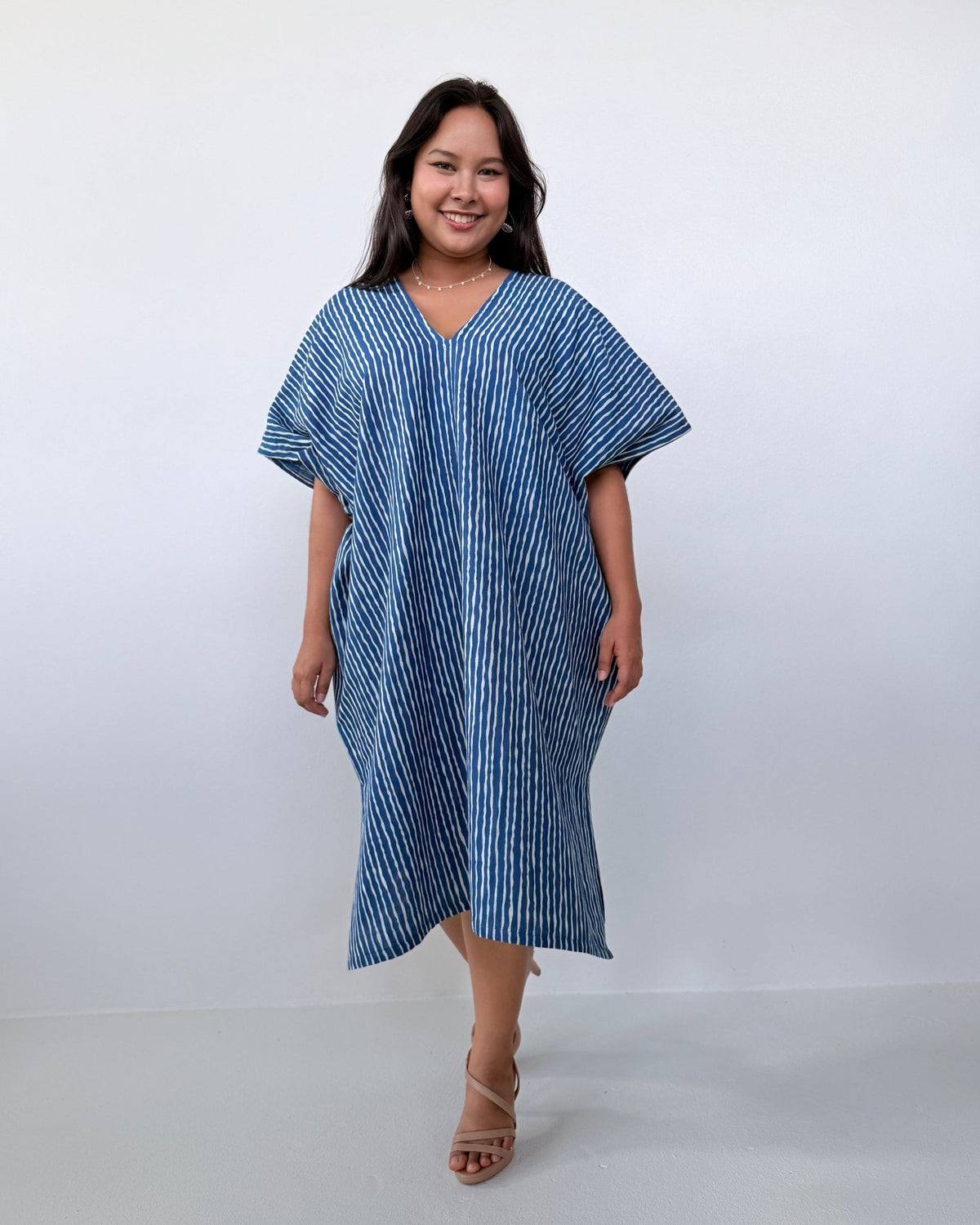 Skye Cotton Kaftan in Blue & White Stripe-DS-30-Mala Handworks