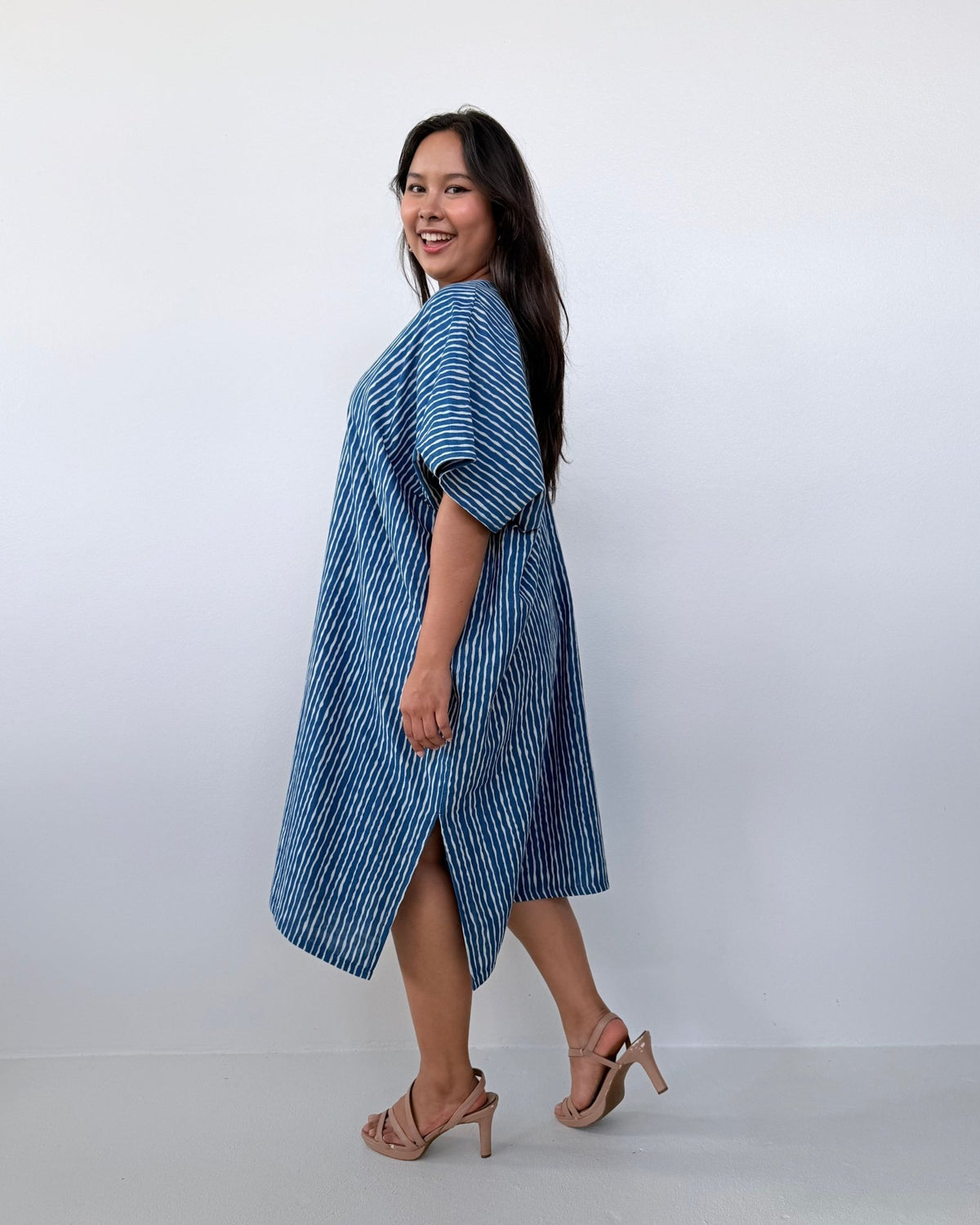 Skye Cotton Kaftan in Blue & White Stripe-DS-30-Mala Handworks