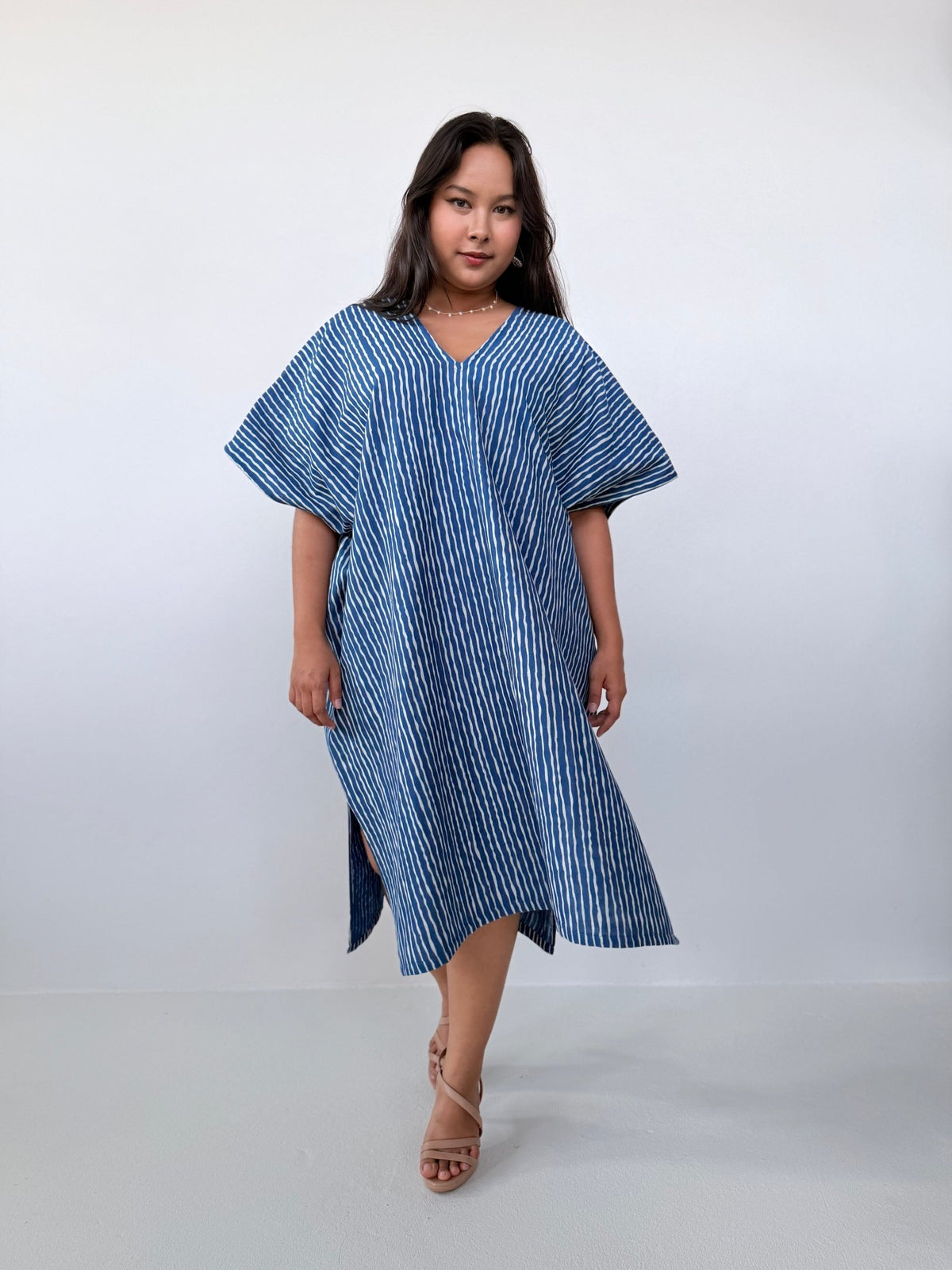 Skye Cotton Kaftan in Blue & White Stripe-DS-30-Mala Handworks