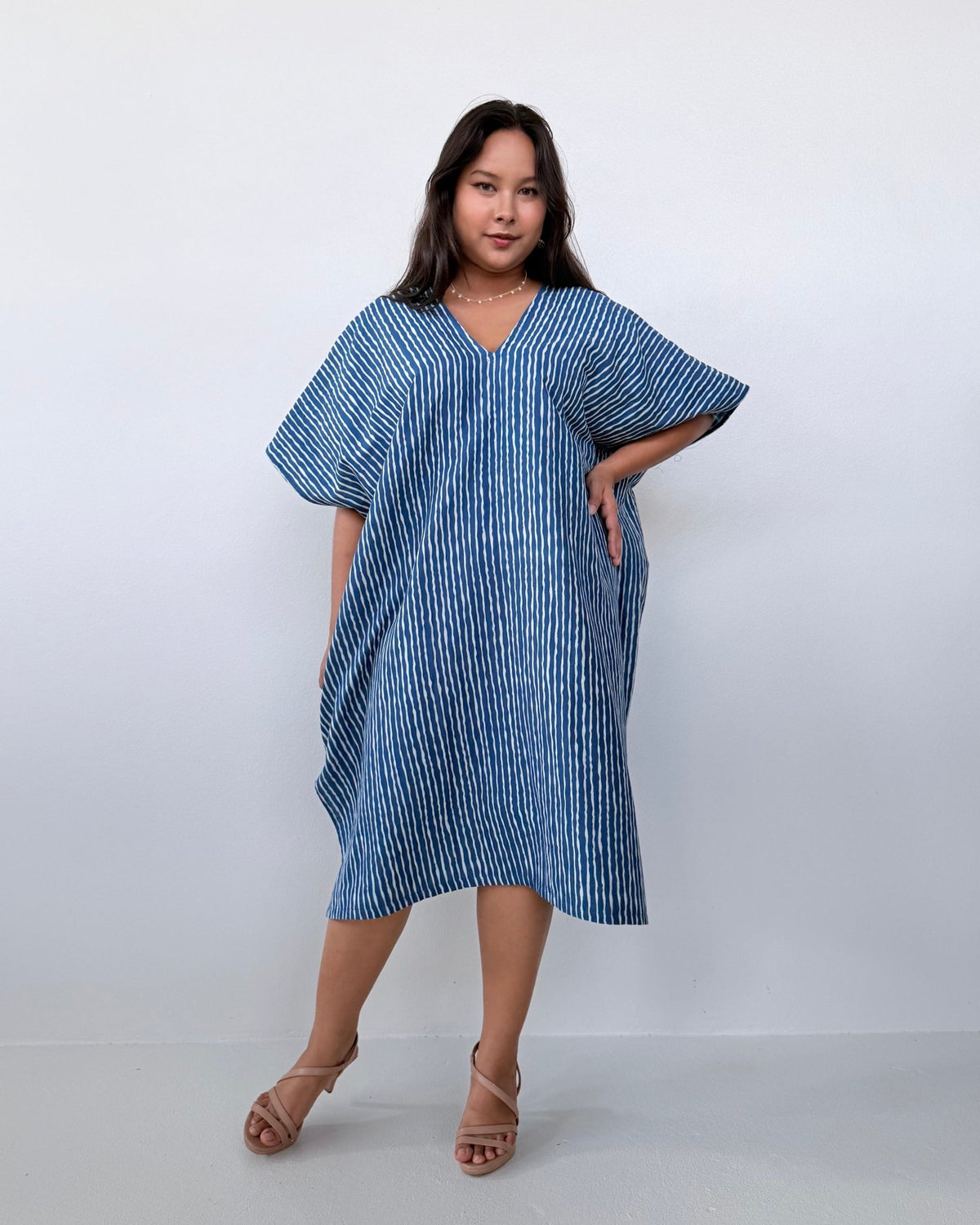 Skye Cotton Kaftan in Blue & White Stripe-DS-30-Mala Handworks