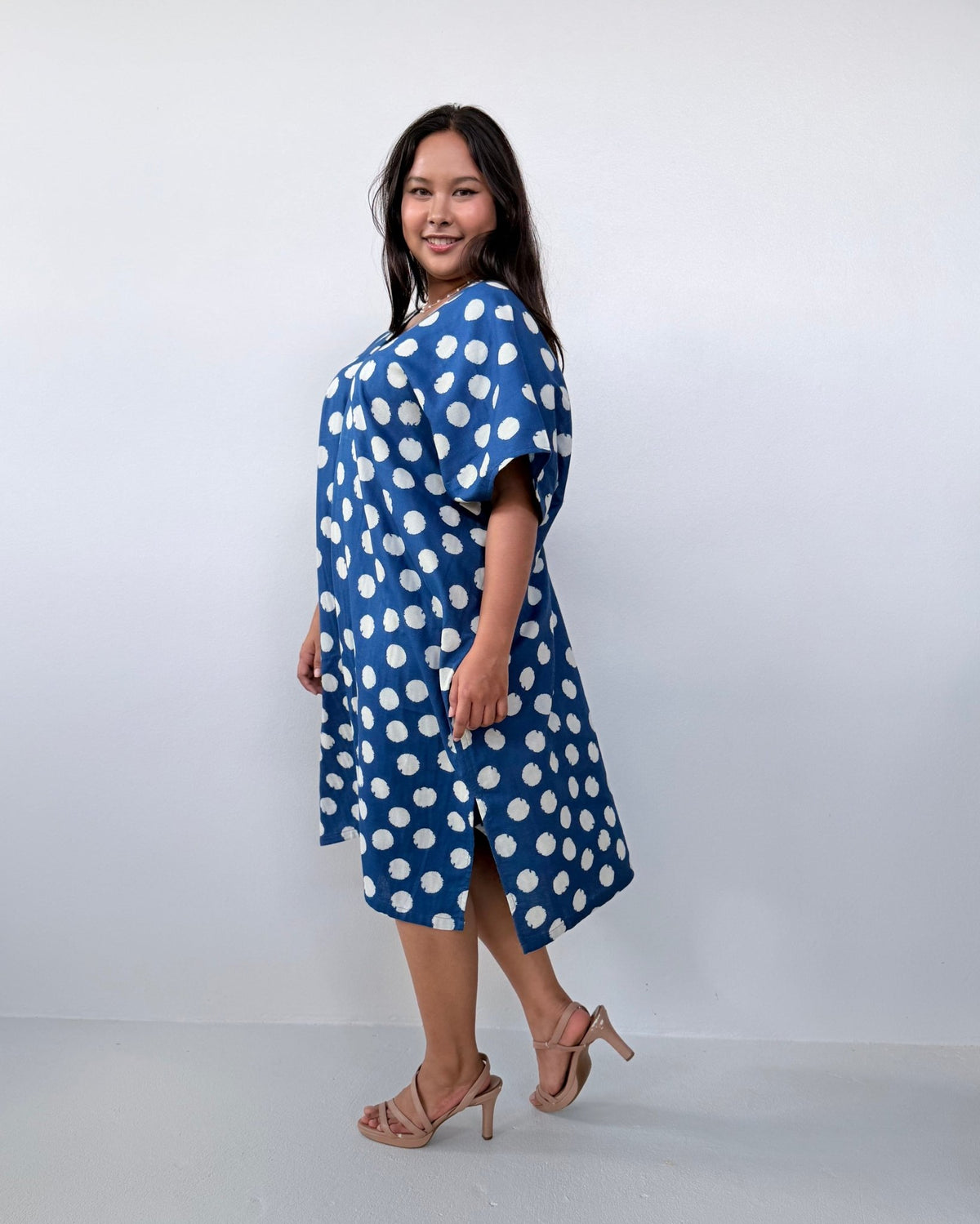 Skye Cotton Kaftan in Navy & White Polka Dot-DS-29-Mala Handworks