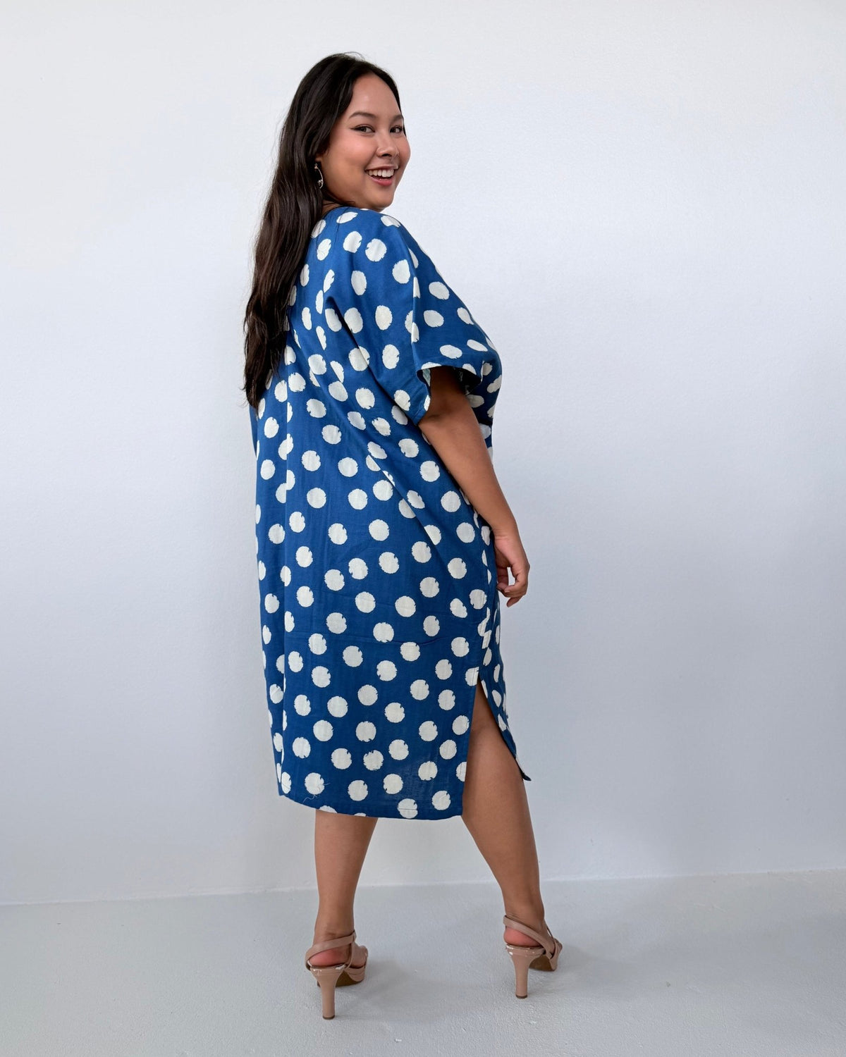 Skye Cotton Kaftan in Navy & White Polka Dot-DS-29-Mala Handworks