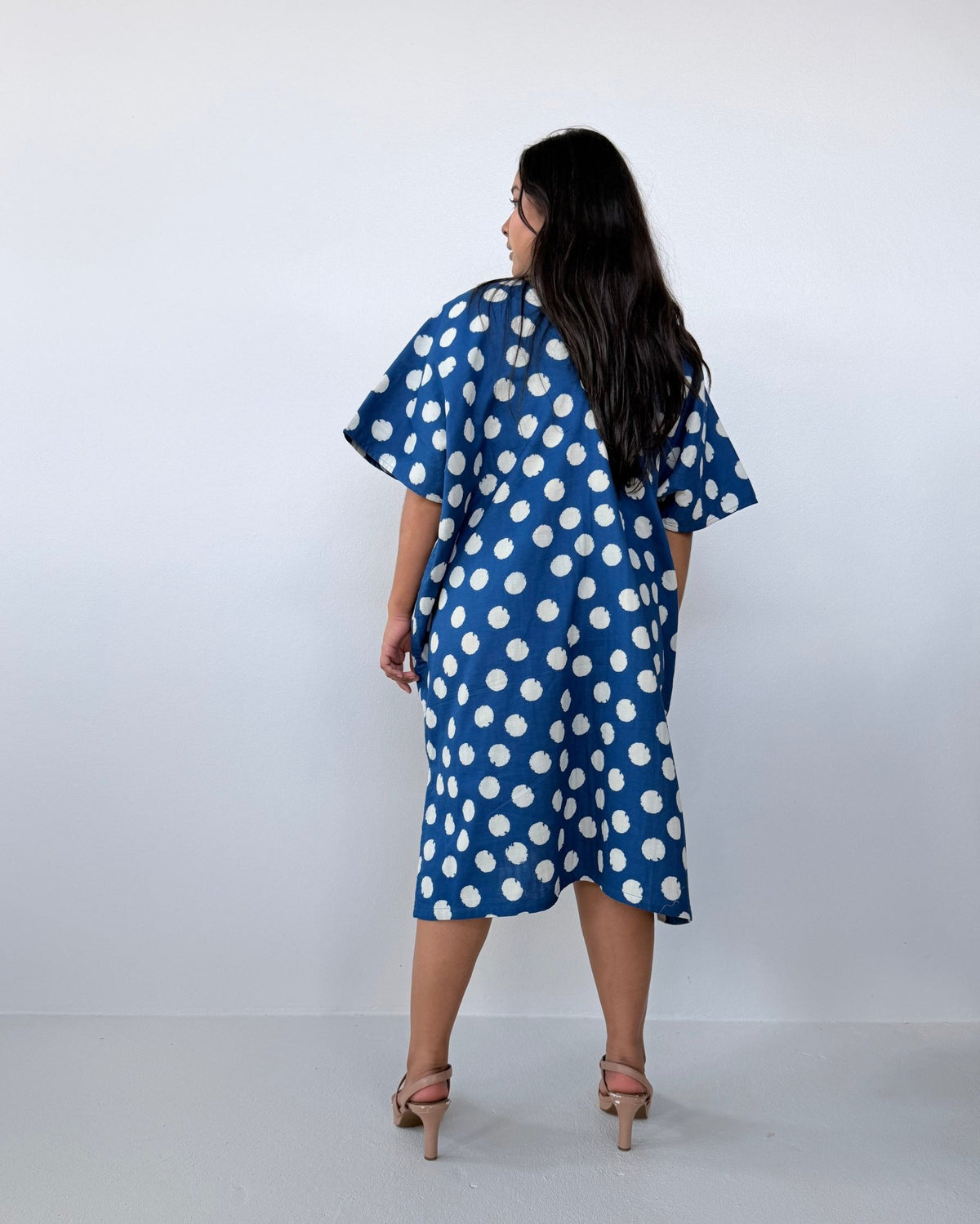 Skye Cotton Kaftan in Navy & White Polka Dot-DS-29-Mala Handworks