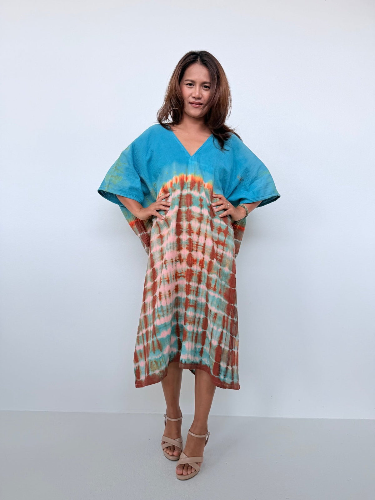 Skye Cotton Midi Kaftan in Turquoise & Rust Tie Dye-DS-32-Mala Handworks