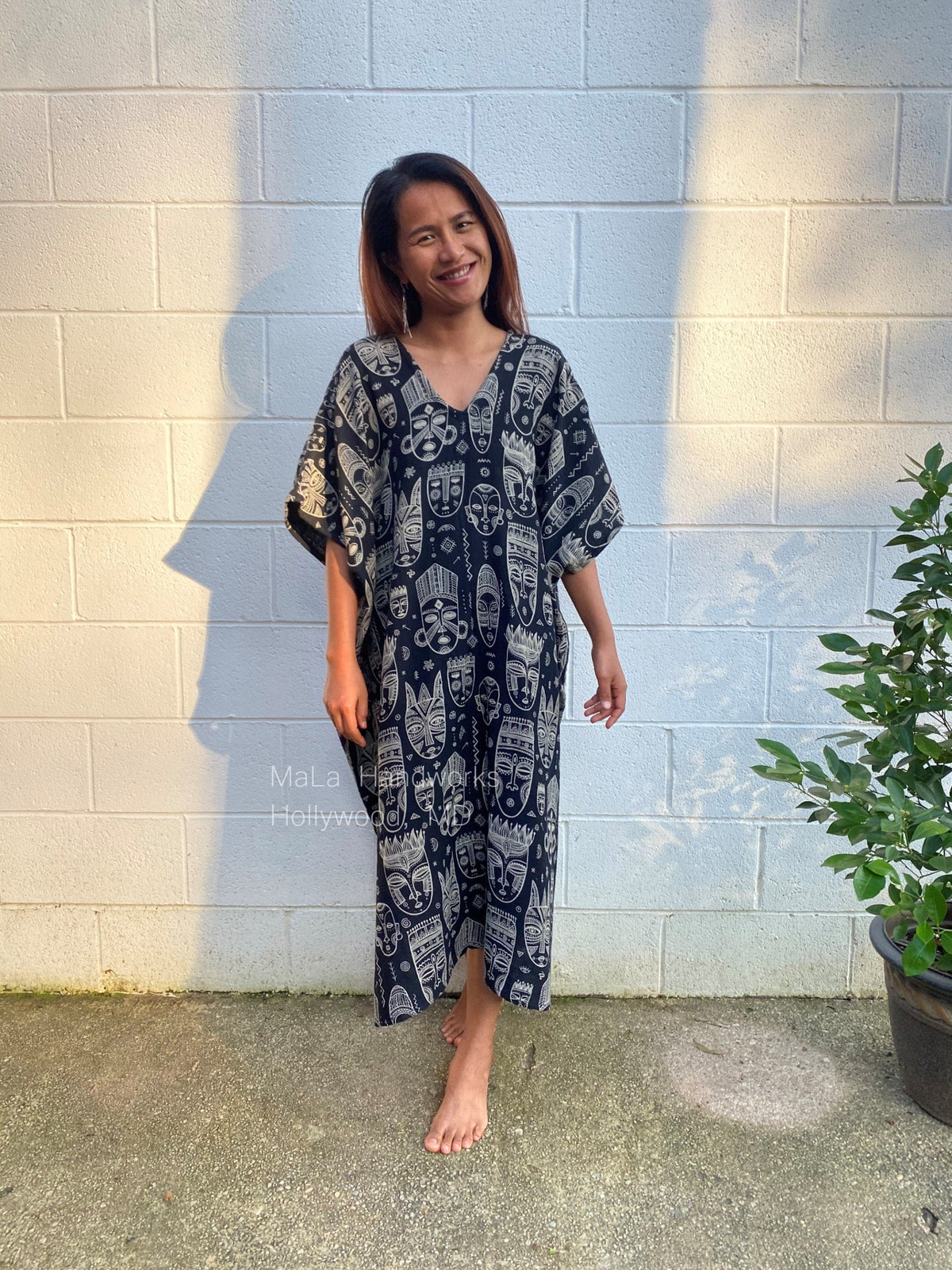 MALA handworks  Skye Double Gauze Cotton Midi Kaftan - Hand Screened Kaftan, African Print