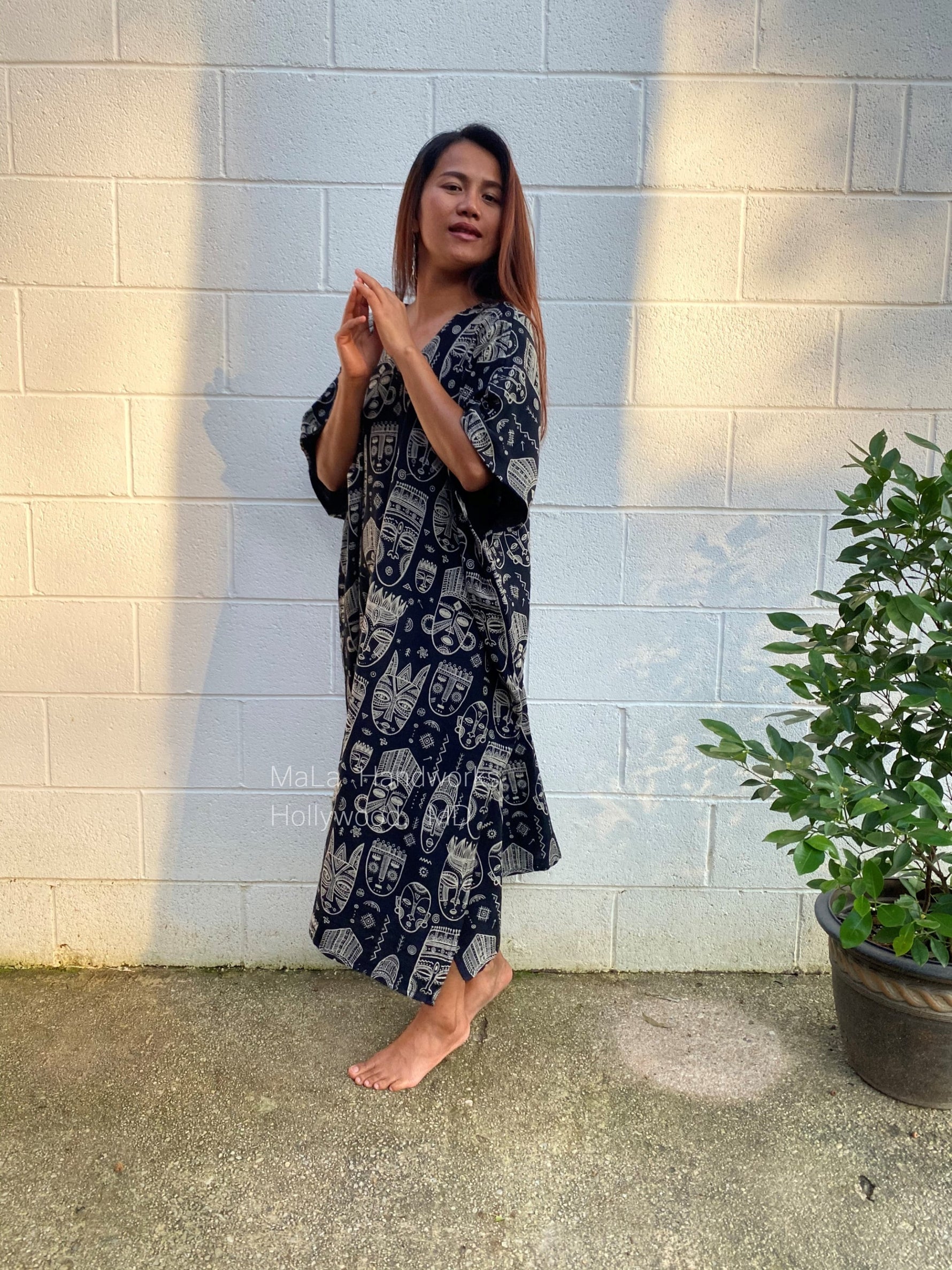 MALA handworks  Skye Double Gauze Cotton Midi Kaftan - Hand Screened Kaftan, African Print