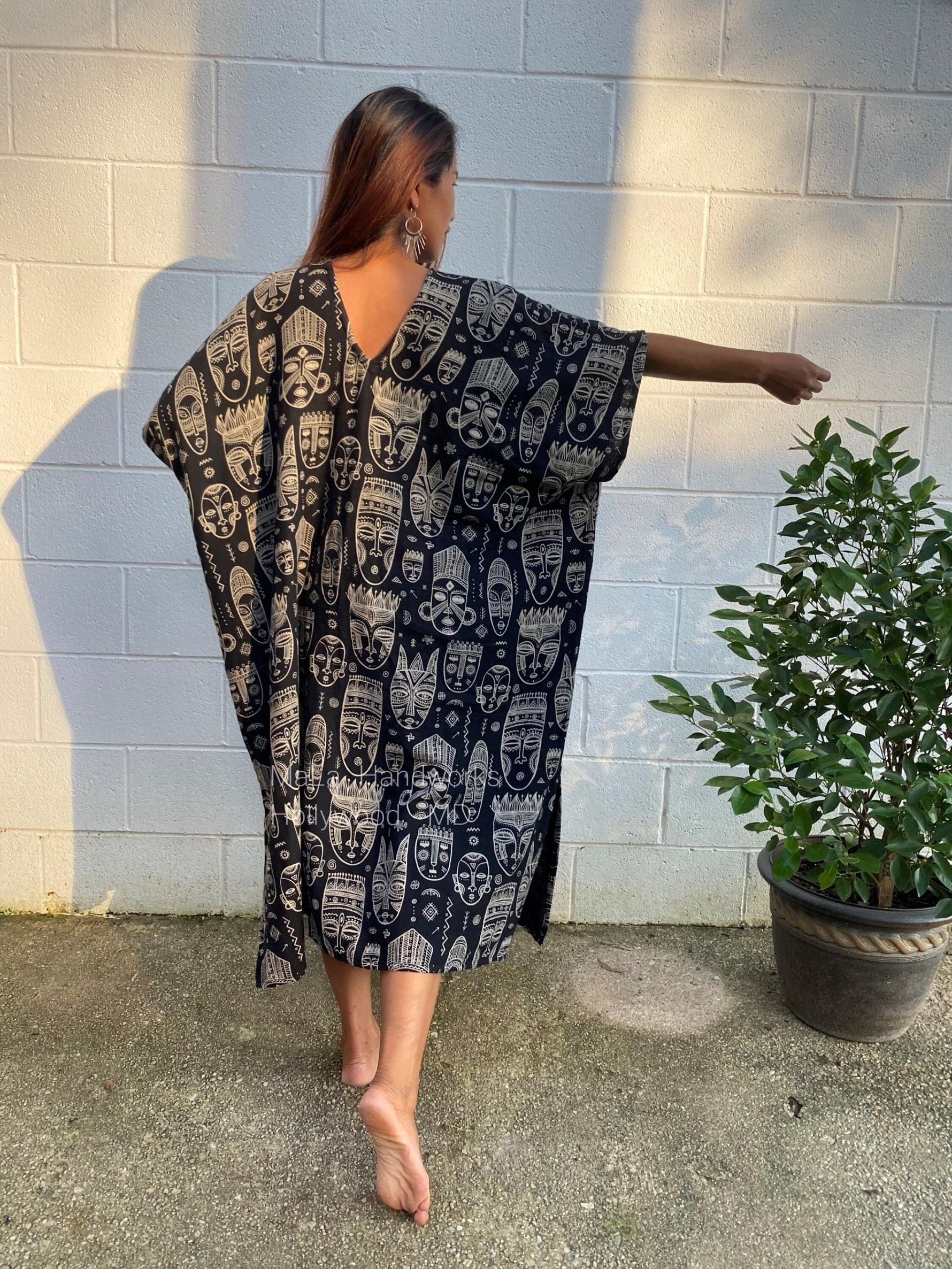 MALA handworks  Skye Double Gauze Cotton Midi Kaftan - Hand Screened Kaftan, African Print