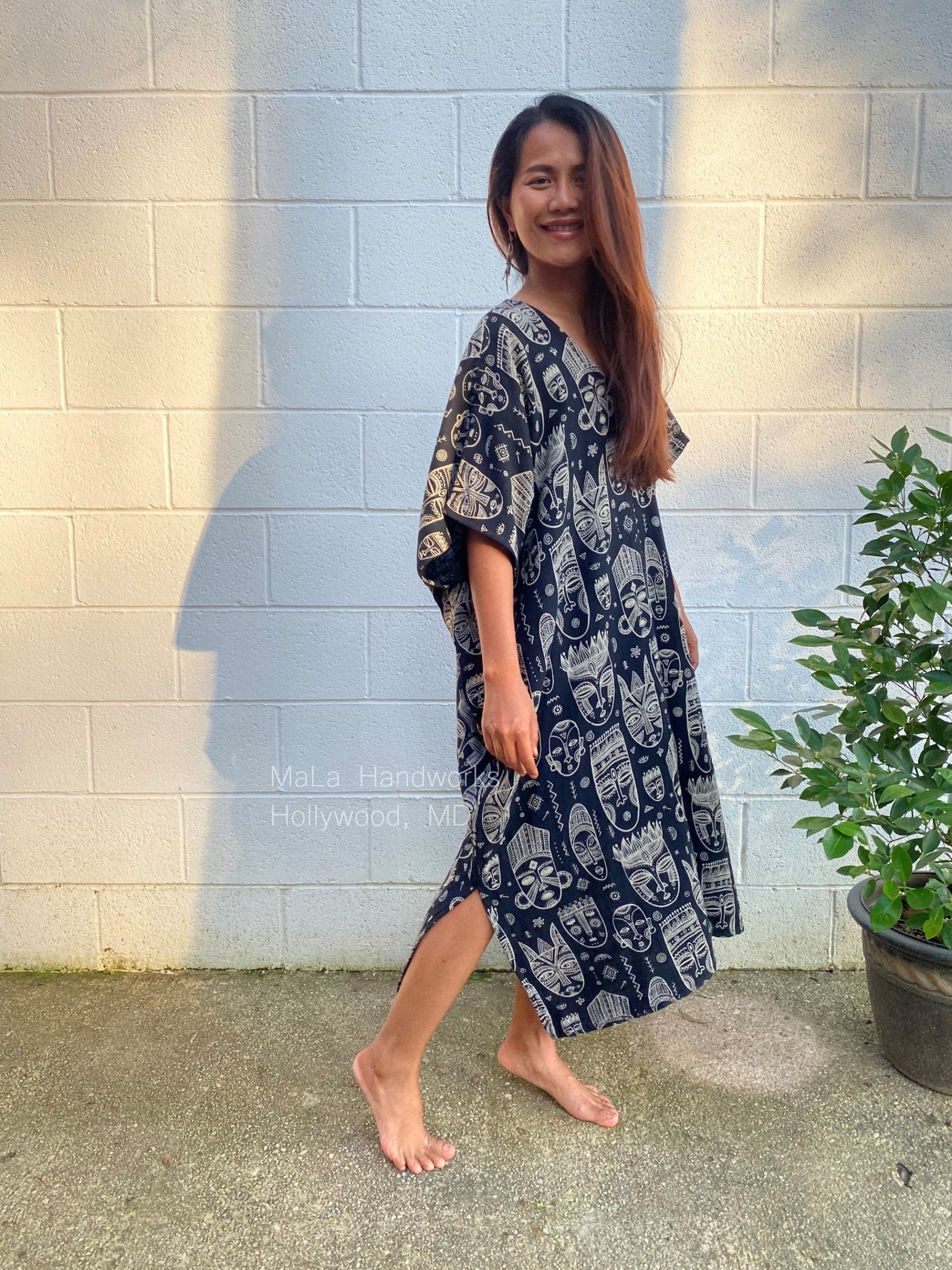 MALA handworks  Skye Double Gauze Cotton Midi Kaftan - Hand Screened Kaftan, African Print