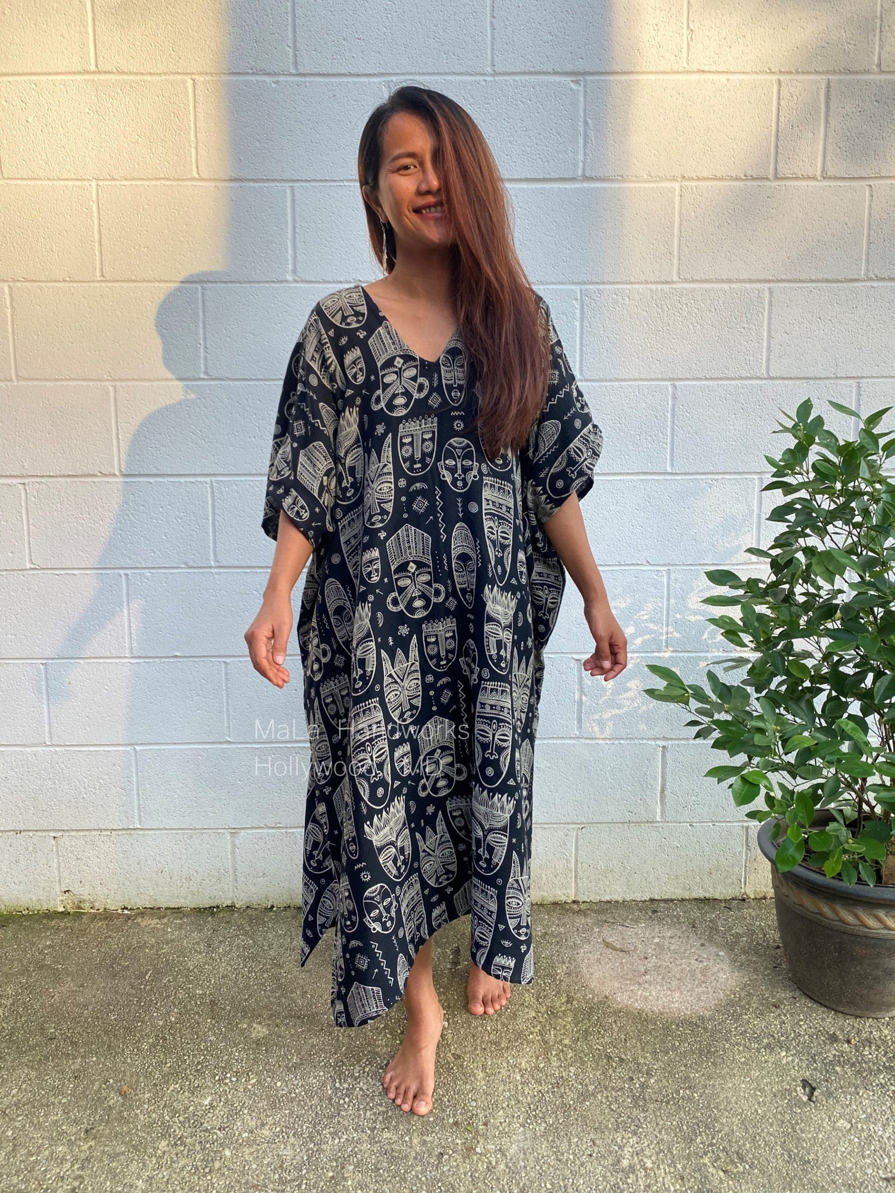 MALA handworks  Skye Double Gauze Cotton Midi Kaftan - Hand Screened Kaftan, African Print