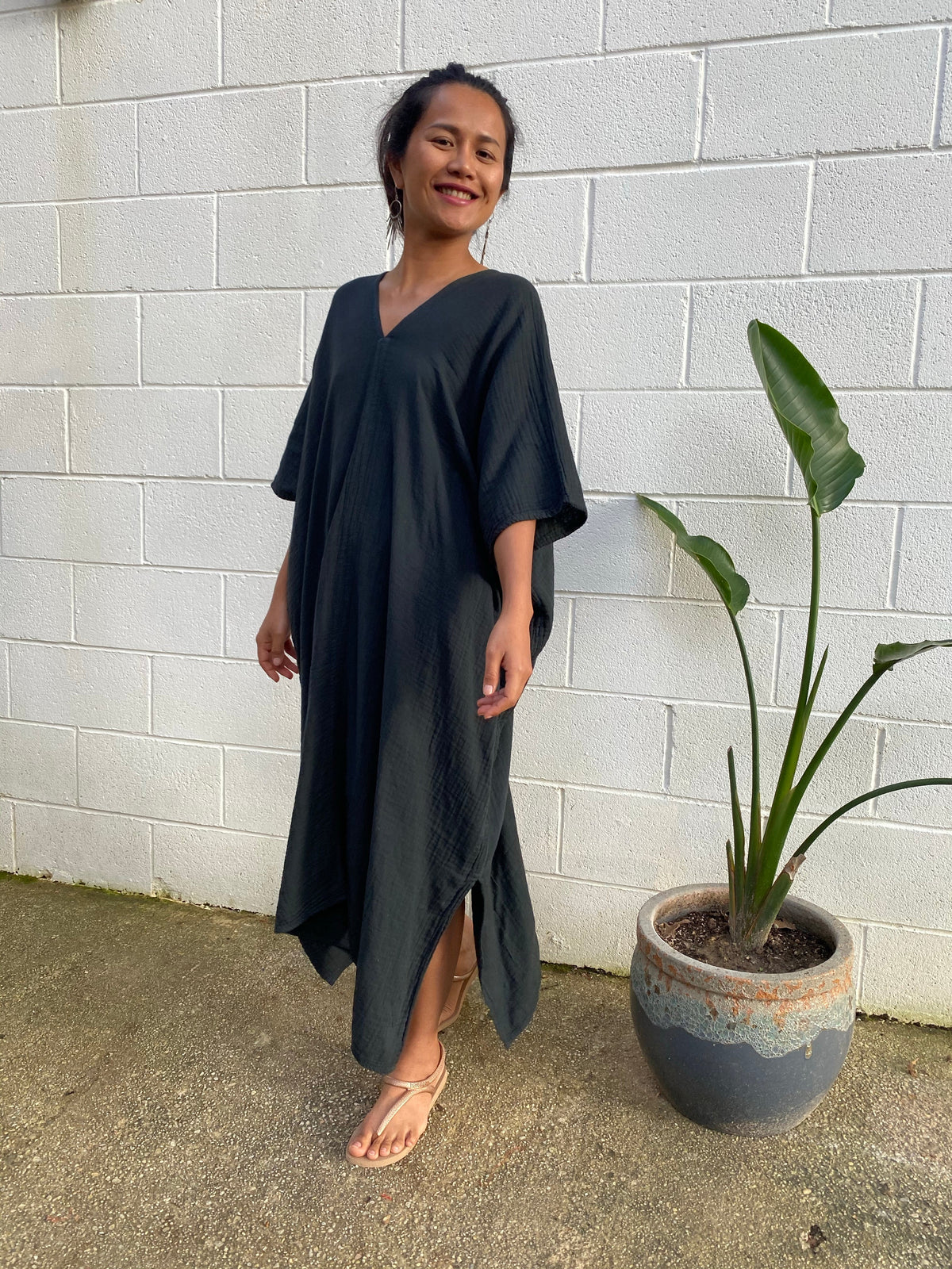 MALA handworks Skye Double Gauze Cotton Midi Kaftan in Black