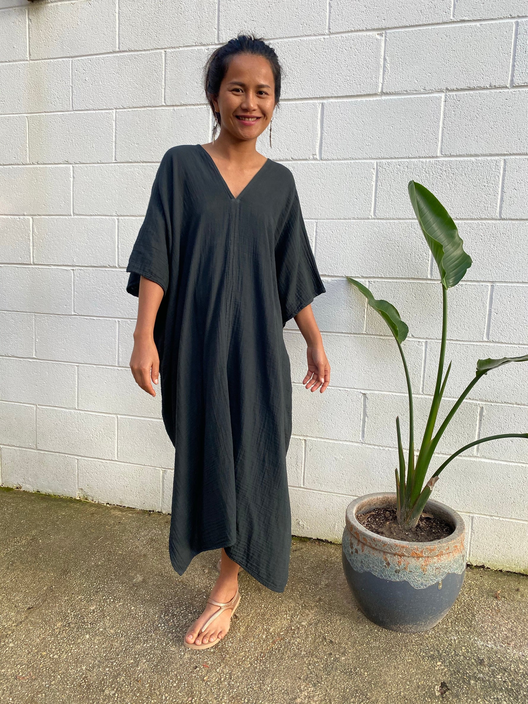 MALA handworks Skye Double Gauze Cotton Midi Kaftan in Black