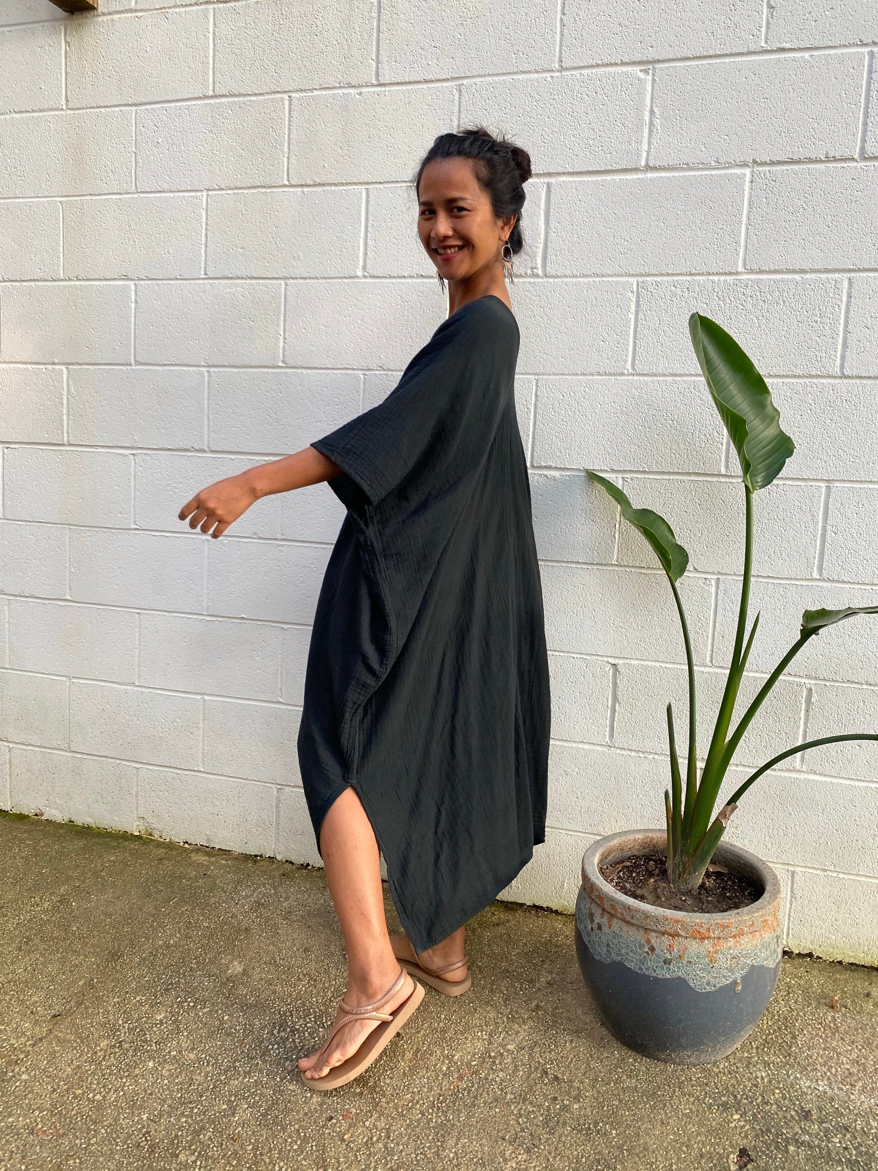 MALA handworks Skye Double Gauze Cotton Midi Kaftan in Black