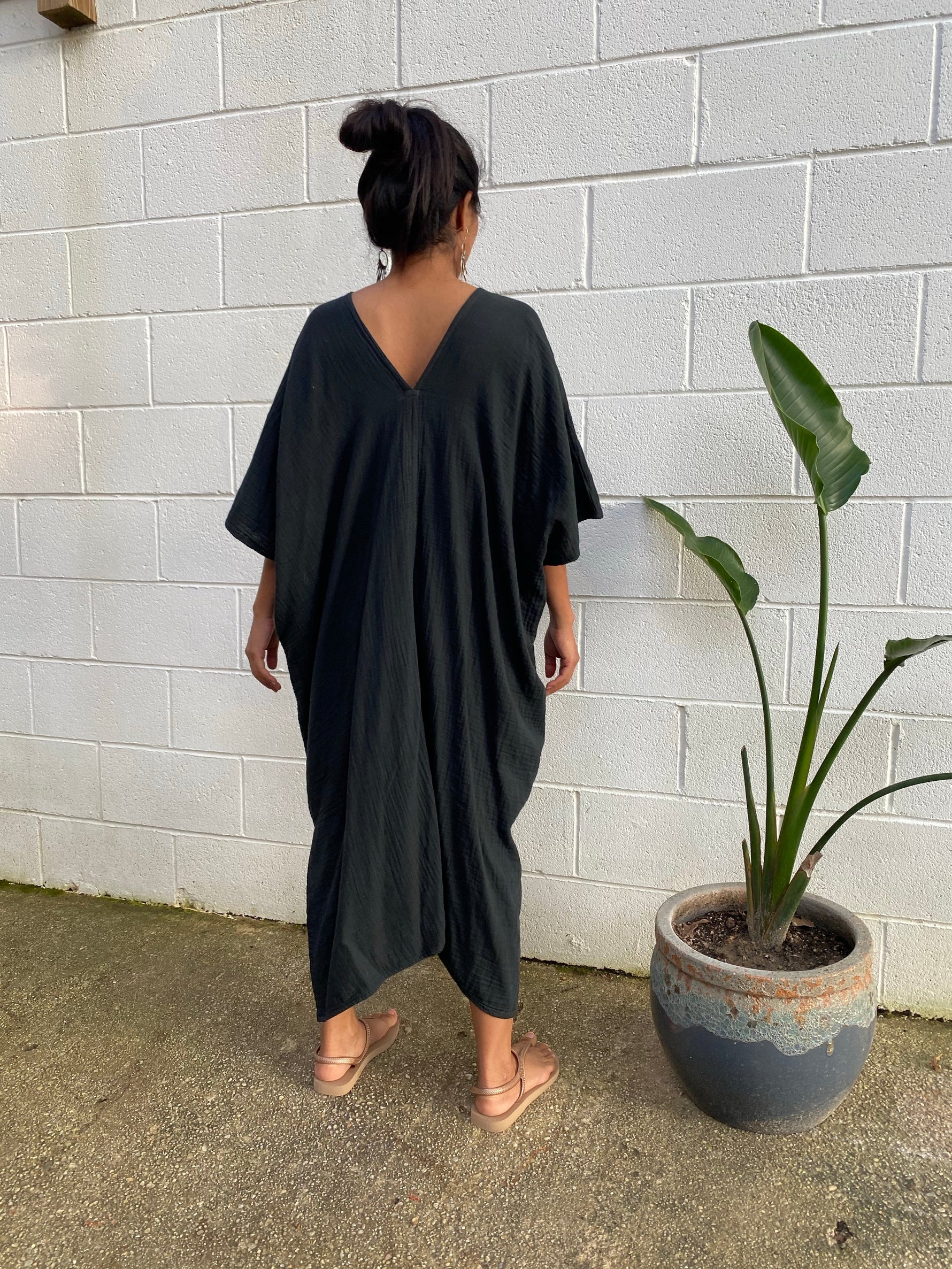 MALA handworks Skye Double Gauze Cotton Midi Kaftan in Black