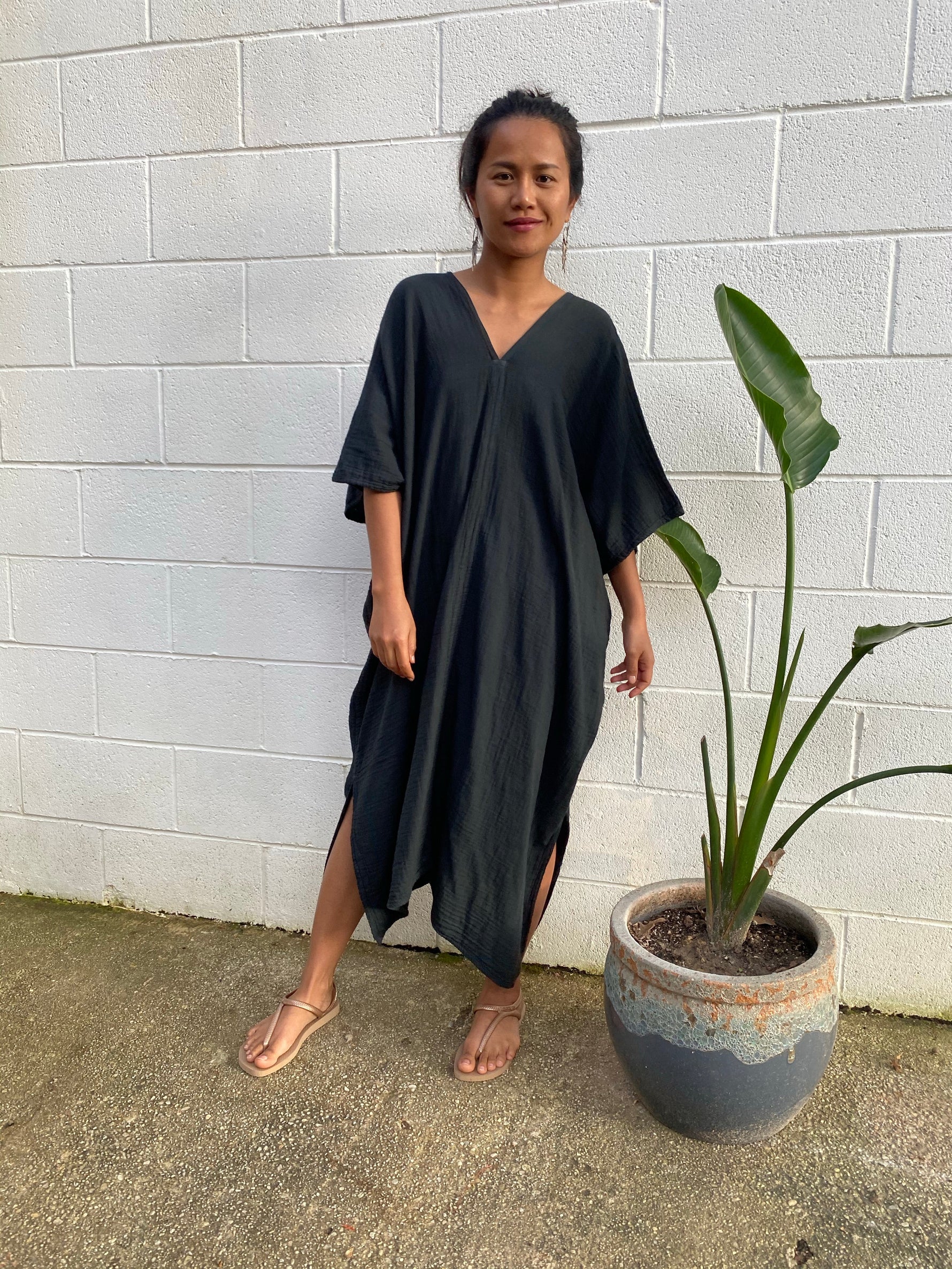 MALA handworks Skye Double Gauze Cotton Midi Kaftan in Black