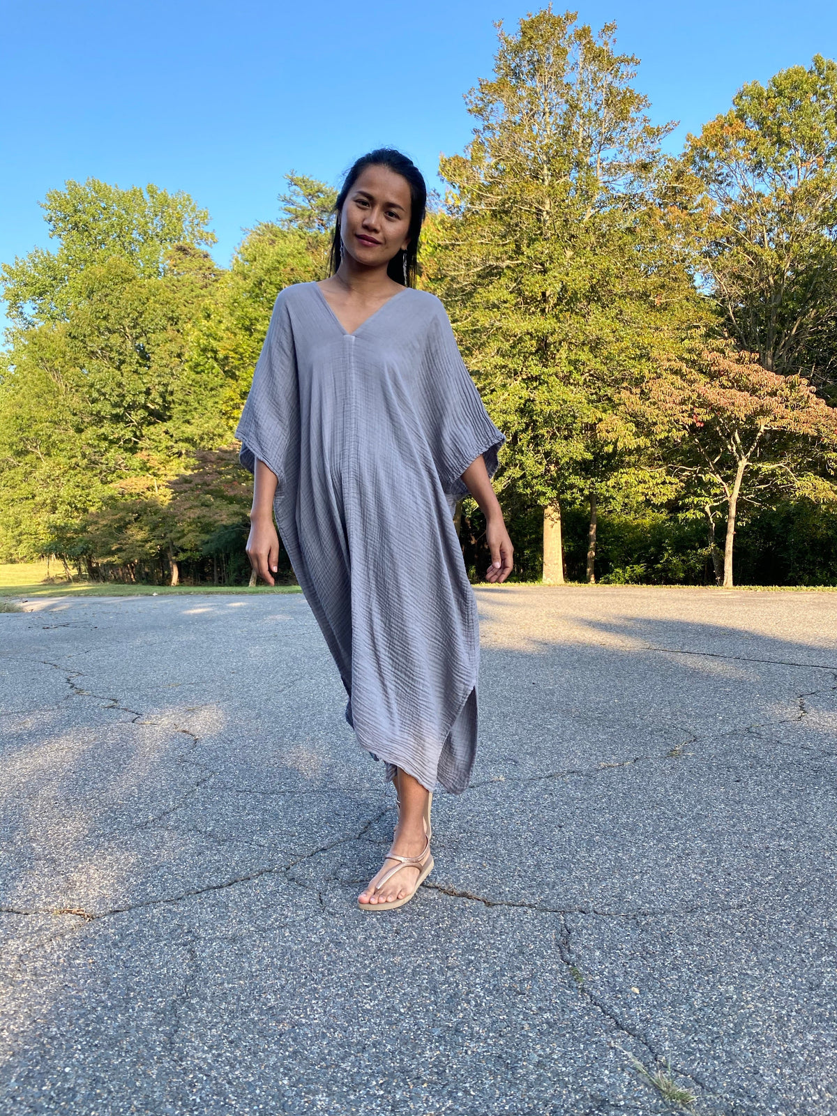 MALA handworks Skye Double Gauze Cotton Midi Kaftan in Gray