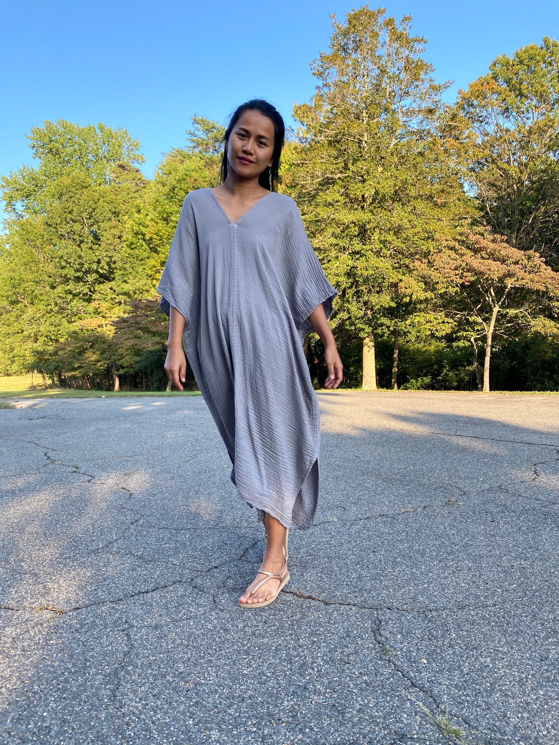 MALA handworks Skye Double Gauze Cotton Midi Kaftan in Gray