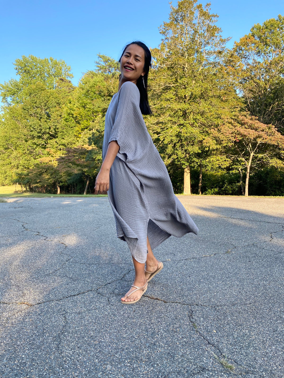 MALA handworks Skye Double Gauze Cotton Midi Kaftan in Gray