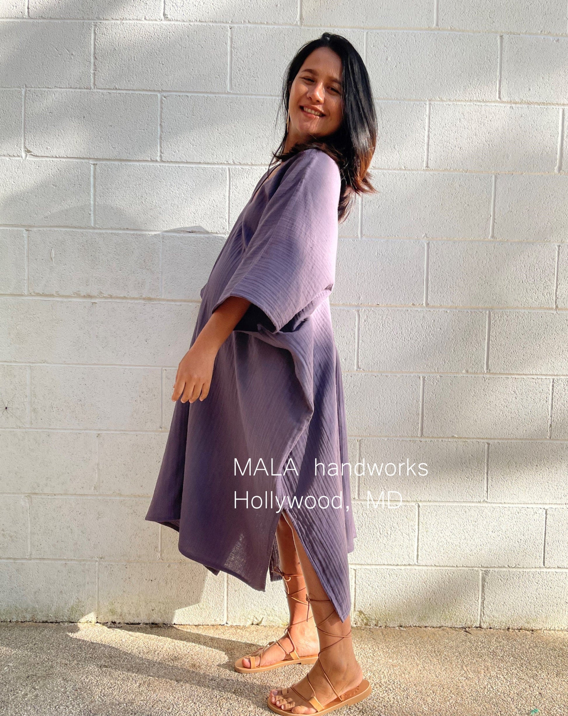 MALA handworks  Skye Double Gauze Cotton Midi Kaftan in Lavender Purple