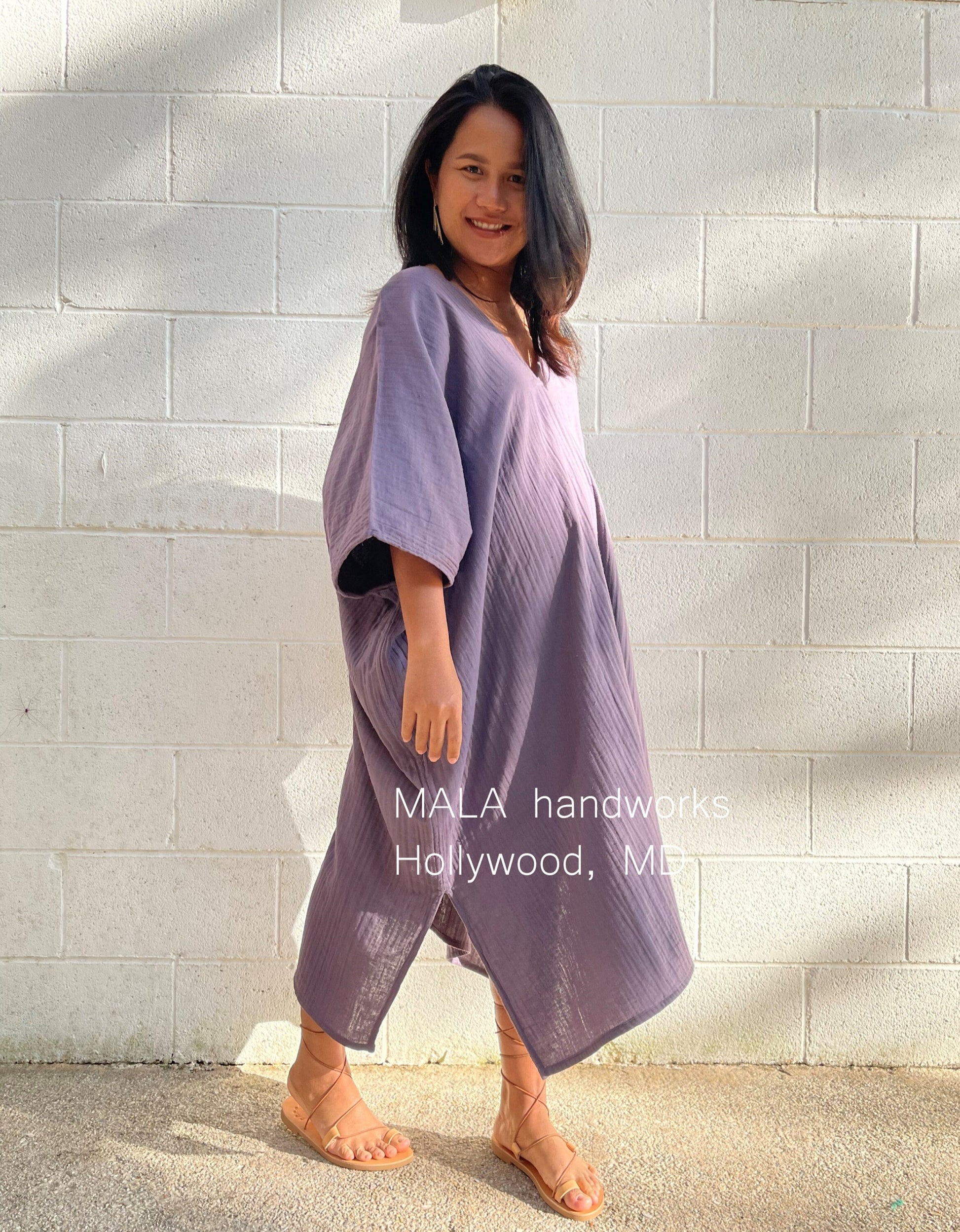 MALA handworks  Skye Double Gauze Cotton Midi Kaftan in Lavender Purple