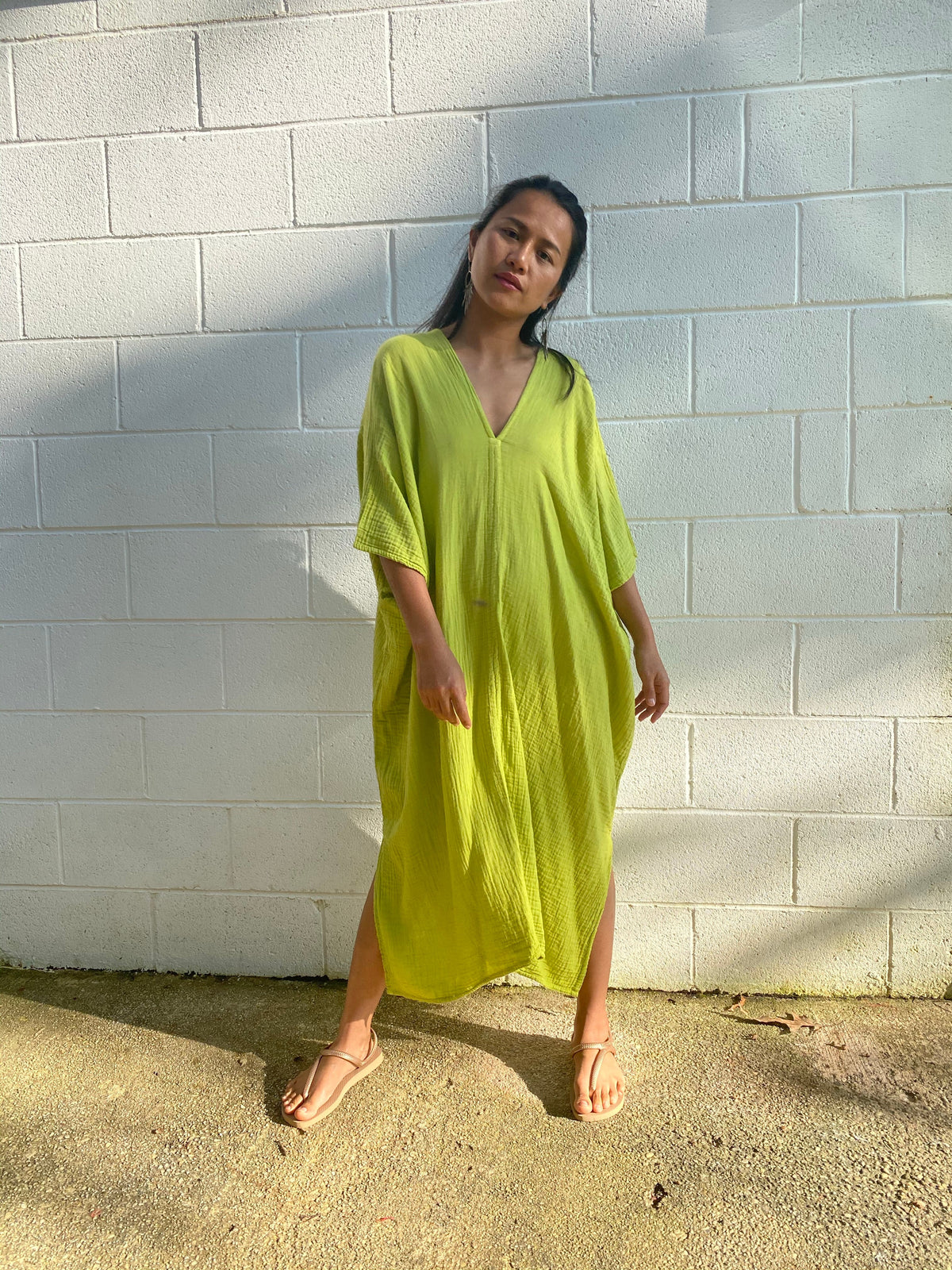 MALA handworks Skye Double Gauze Cotton Midi Kaftan in Light Green