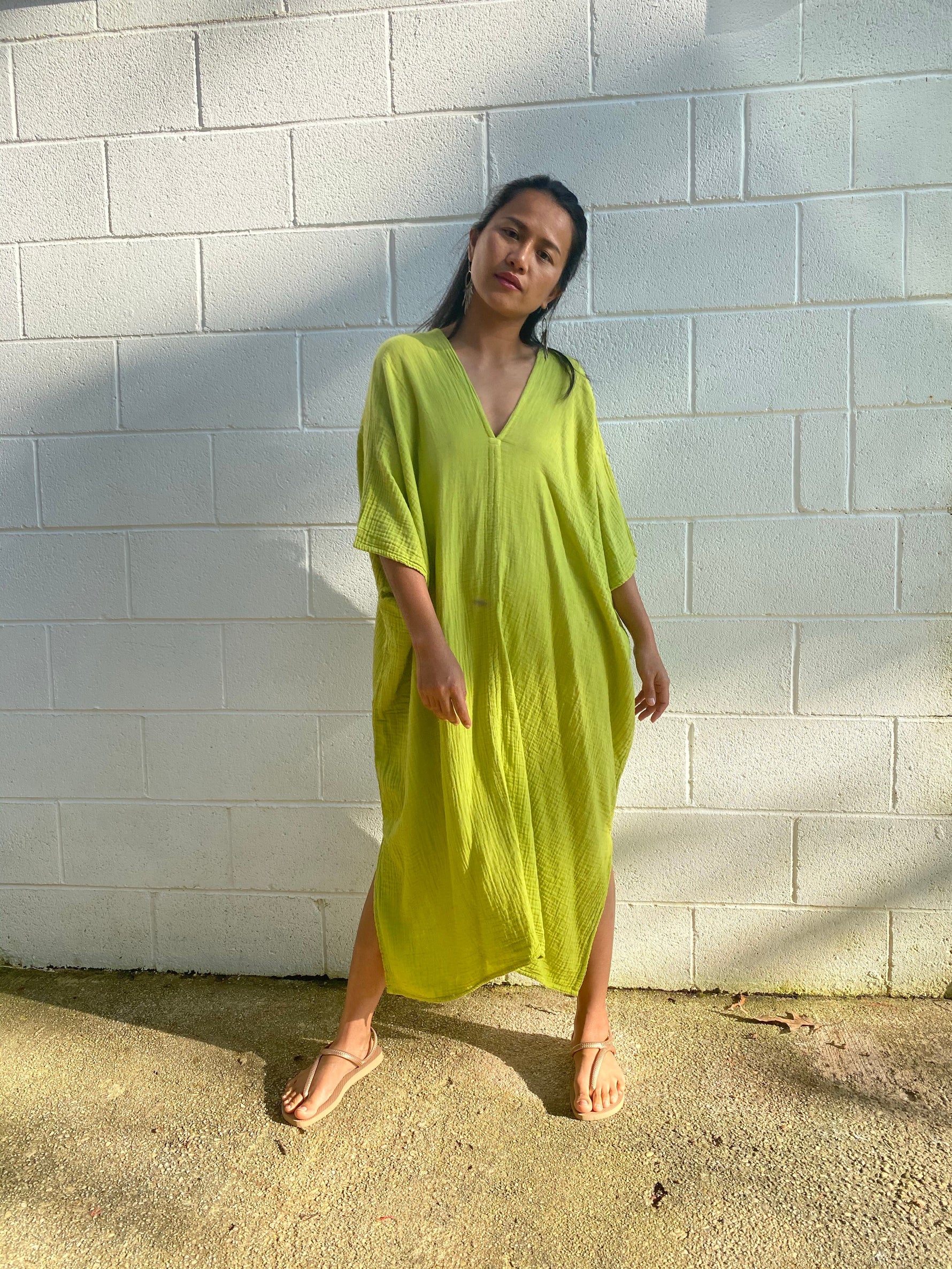 MALA handworks Skye Double Gauze Cotton Midi Kaftan in Light Green