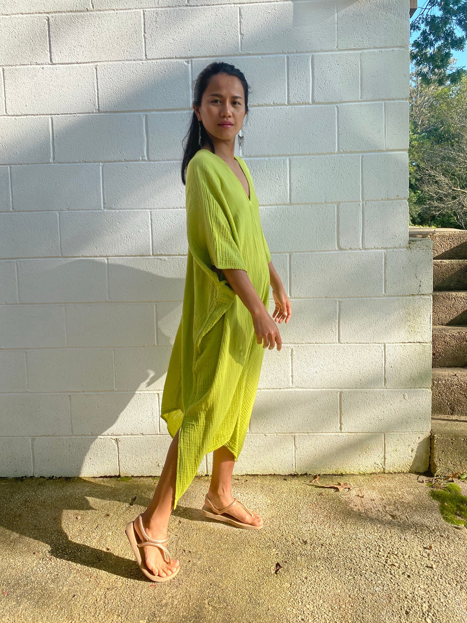 MALA handworks Skye Double Gauze Cotton Midi Kaftan in Light Green