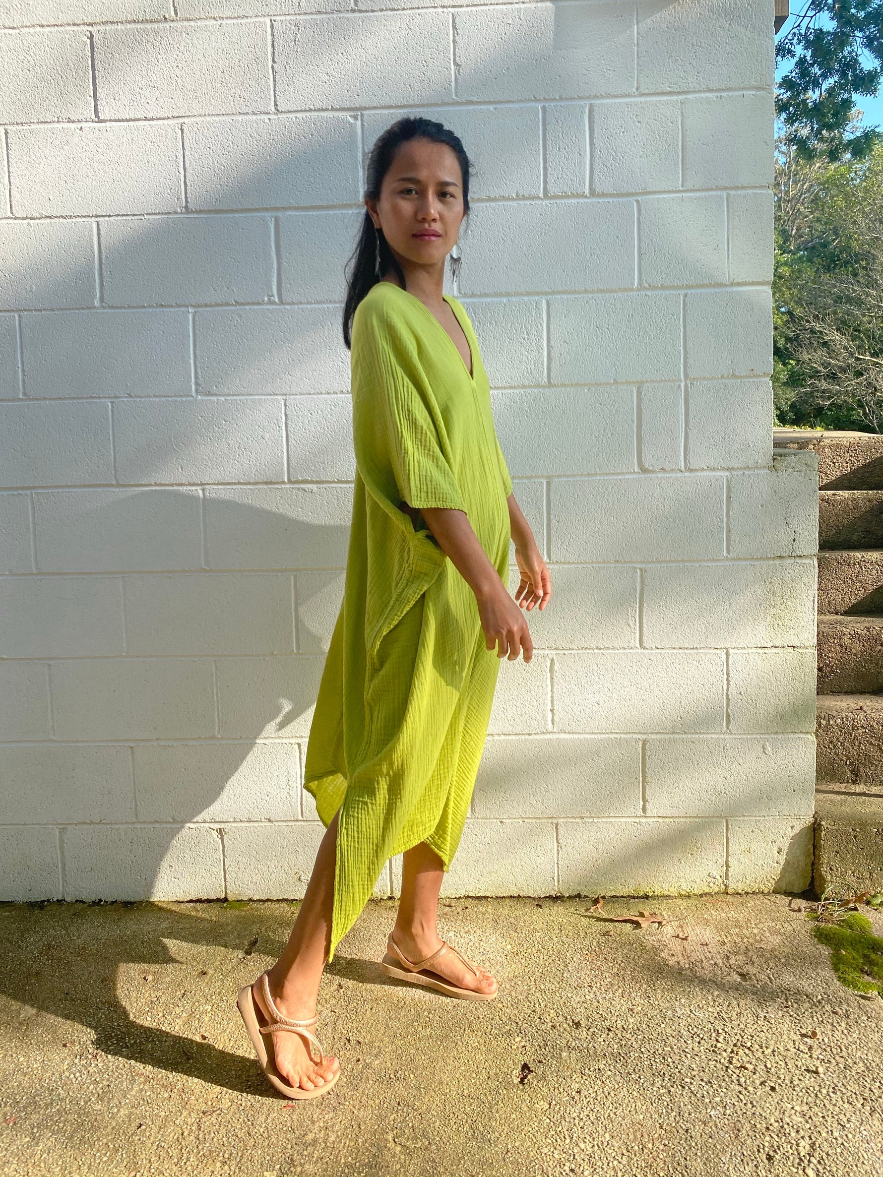 MALA handworks Skye Double Gauze Cotton Midi Kaftan in Light Green