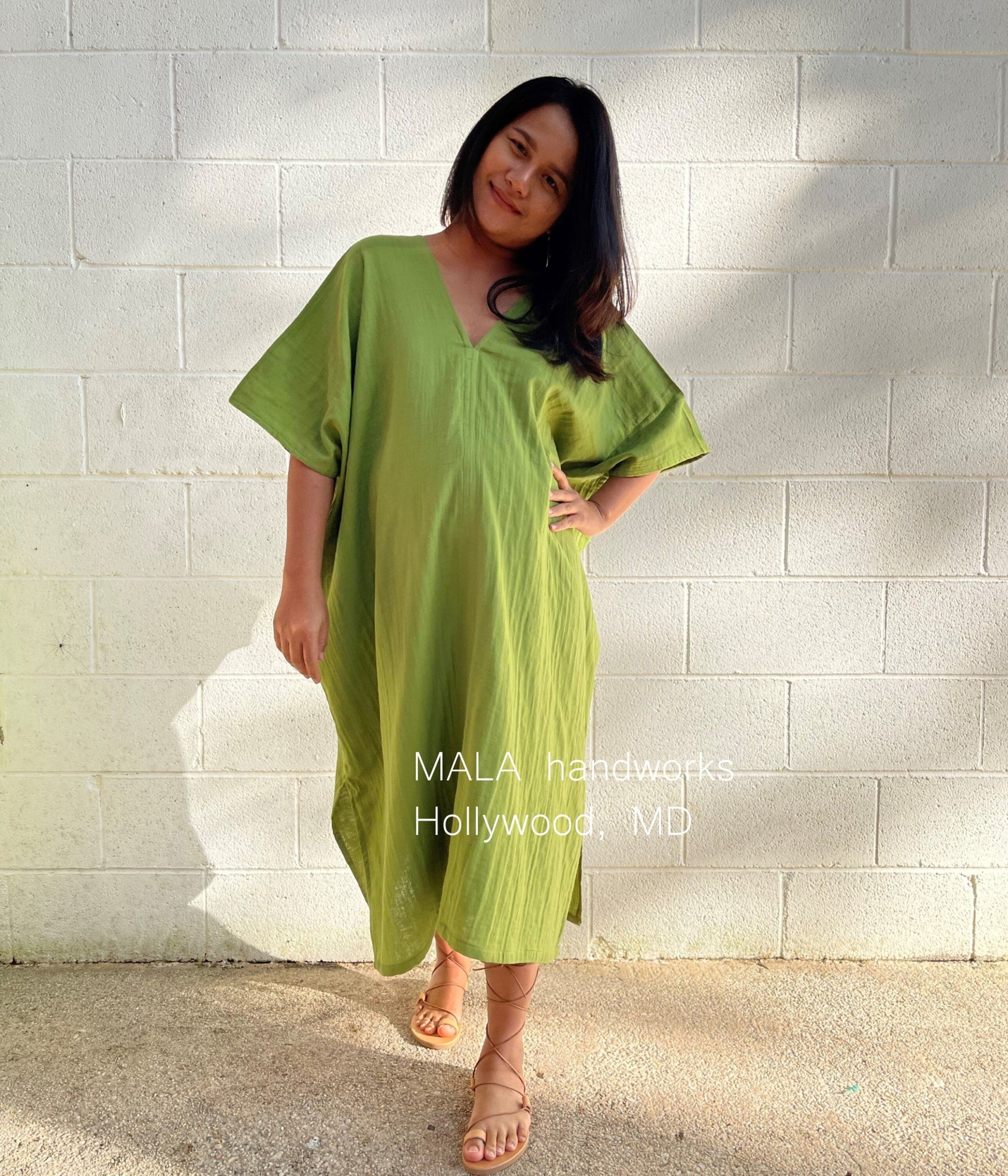 MALA handworks  Skye Double Gauze Cotton Midi Kaftan in Lime Green