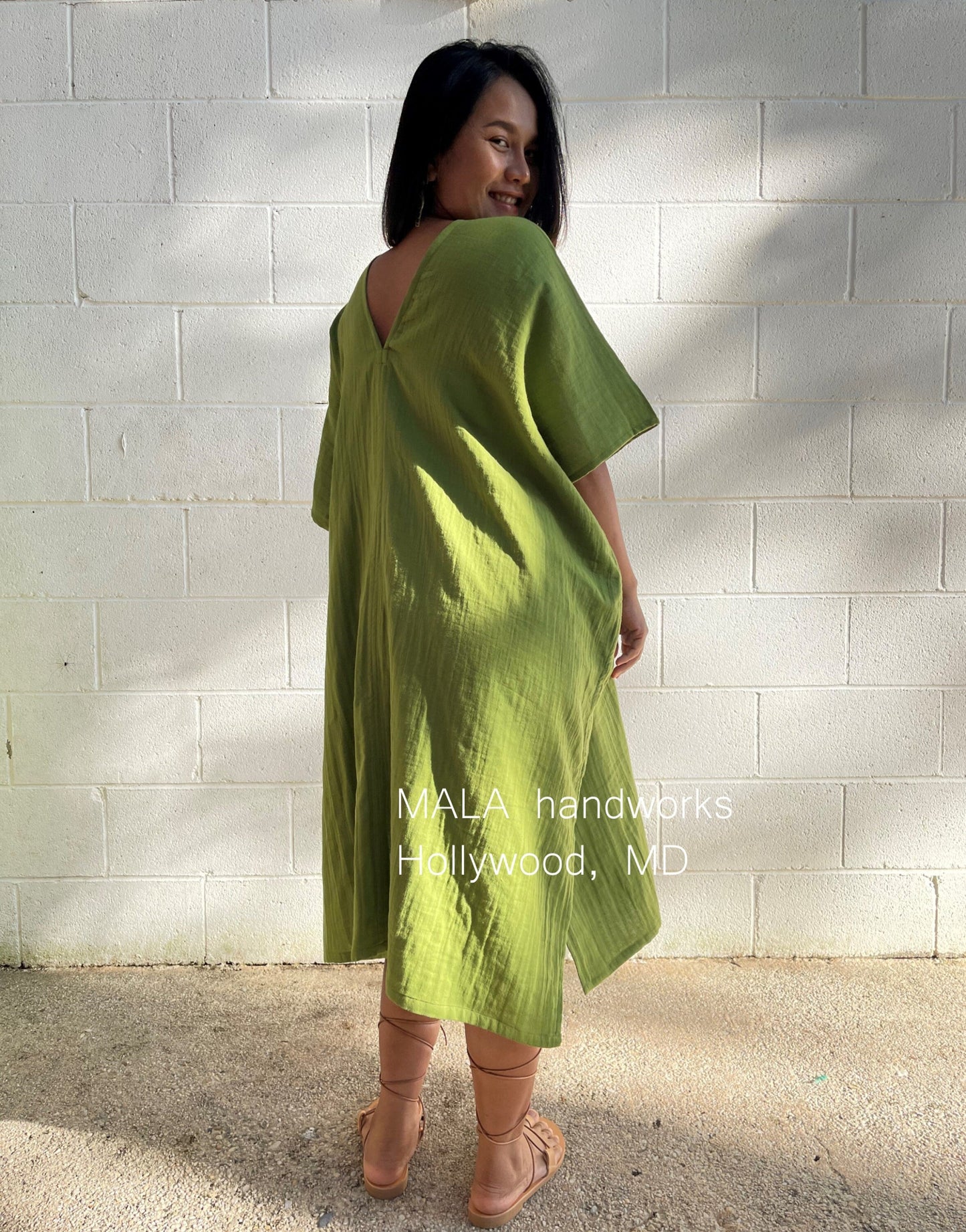 MALA handworks  Skye Double Gauze Cotton Midi Kaftan in Lime Green