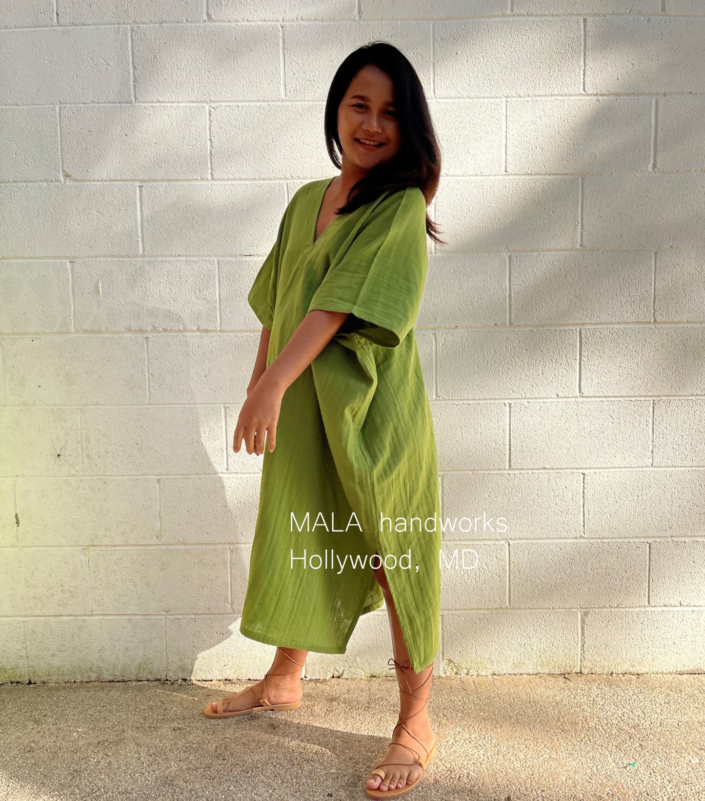 MALA handworks  Skye Double Gauze Cotton Midi Kaftan in Lime Green