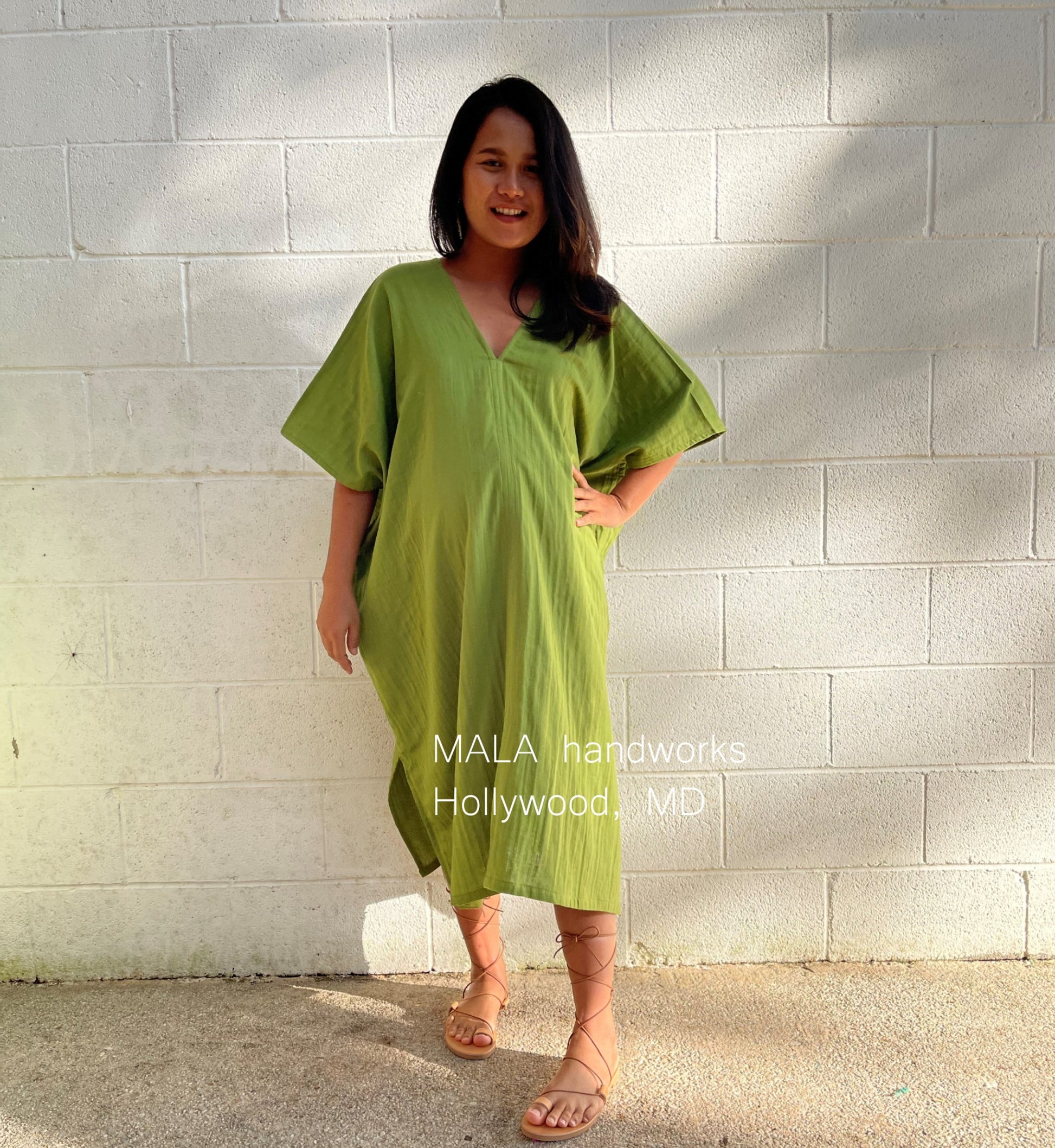 MALA handworks  Skye Double Gauze Cotton Midi Kaftan in Lime Green