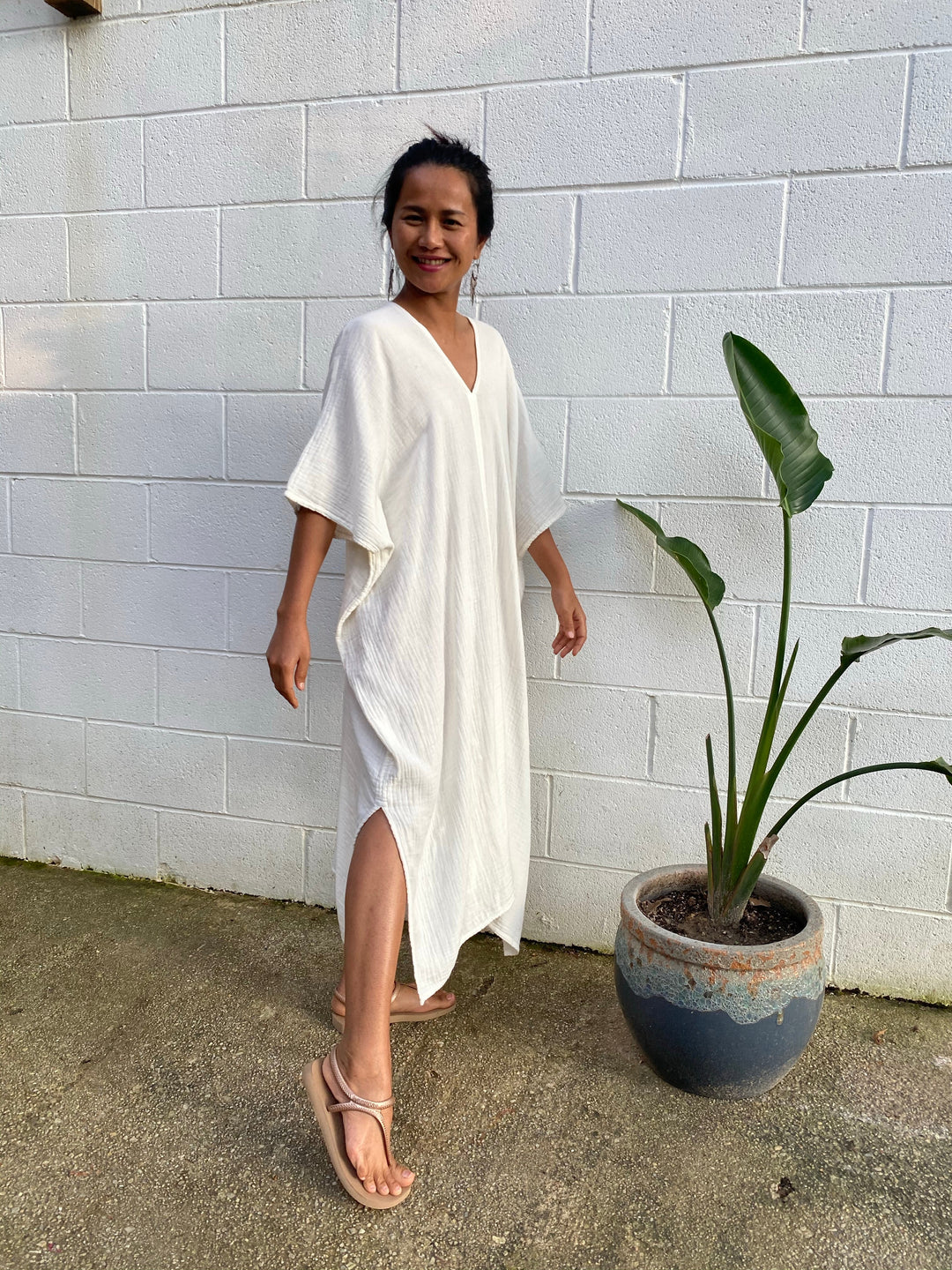 MALA handworks Skye Double Gauze Cotton Midi Kaftan in Natural White